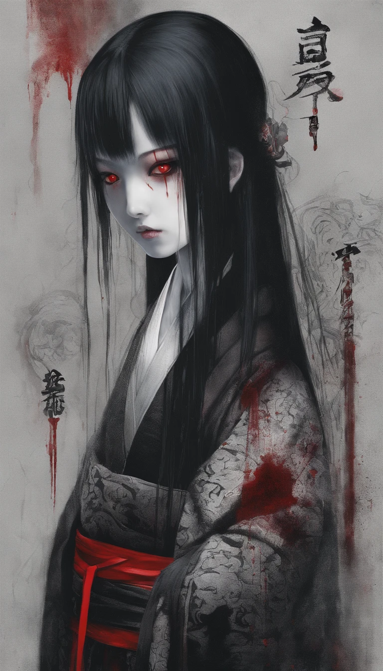 15-year-old Japan girl with black black hair and black eyes wearing kimono、short-cut、Have a book、Blood everywhere, Cute face girl, Smile, bleeding eyes, Bleeding in the nose and mouth, Evil smile