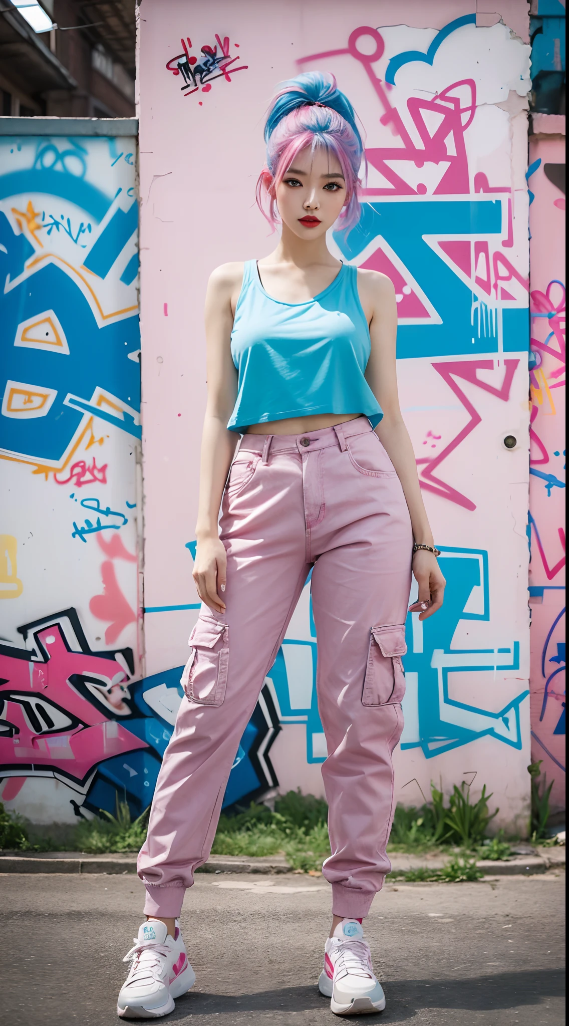 best quality, Clarity, 4k, 8k, detail, actual, Beautiful Girl, Korean makeup, Red lips, pink and blue hair, Perfect body, thigh, stand, pose standing, medium chest, Graffiti tank top, Pink and Blue Cargo Box Pants, Solid graffiti wall background, Graffiti art,