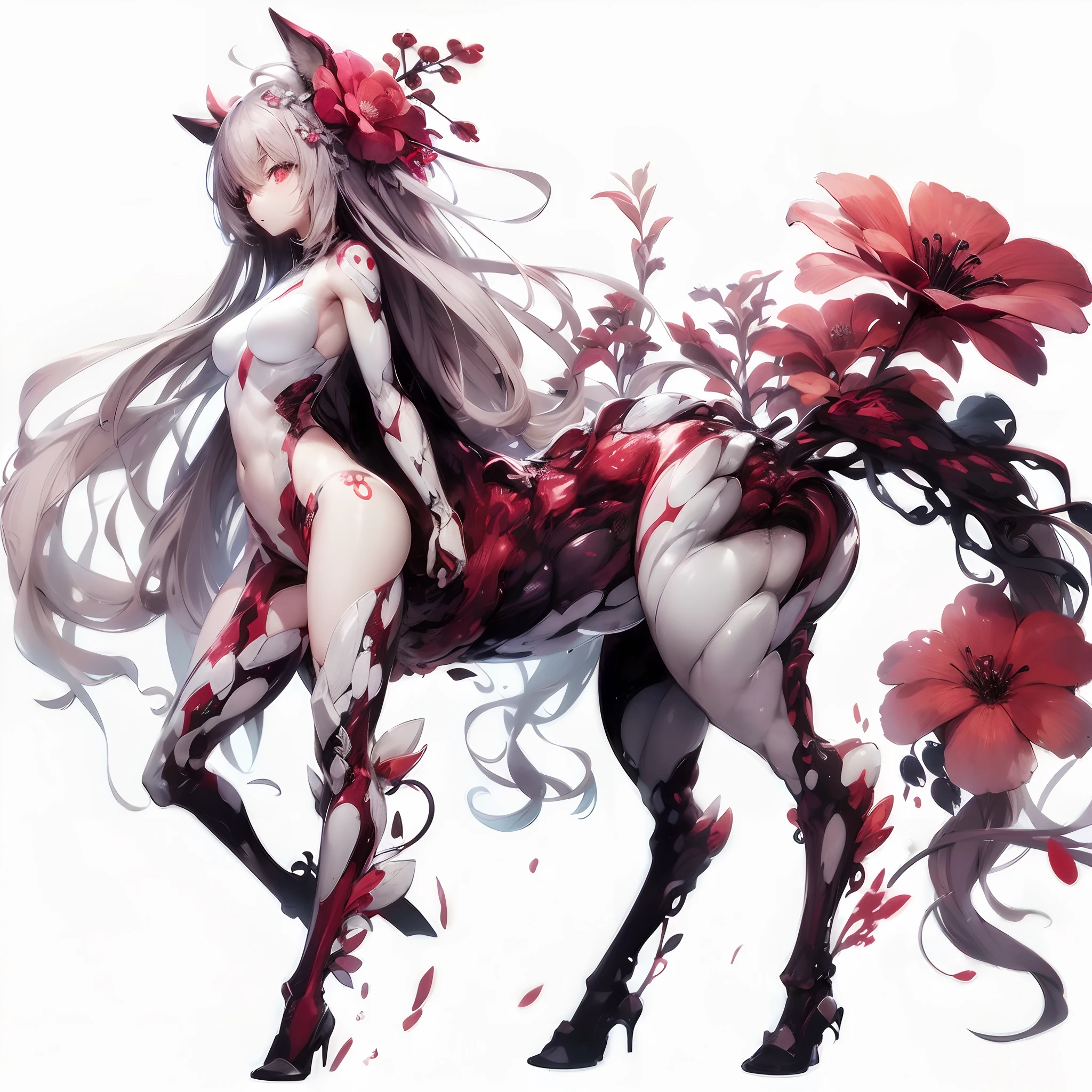(masutepiece), (Perfect athlete body:1.2), Anime style, Full body, boulders, Flower and plant life form woman, Horse-shaped lower body, Slender figure, There is a red core somewhere on the body, Red line, White background, Whole body, Standing in the wasteland