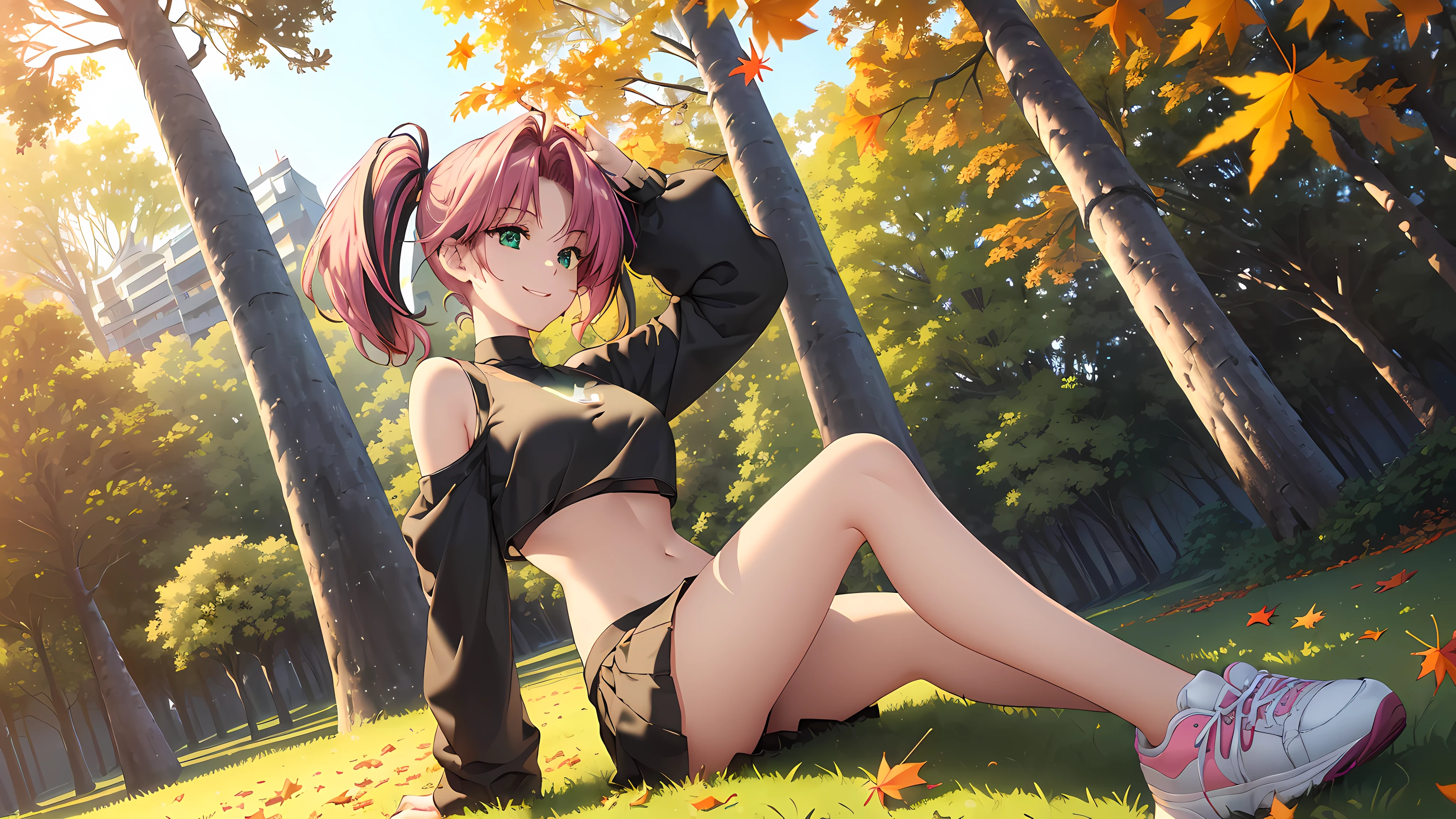 masterpiece, 1girl ((20year old, dressed in short black skirt, crop top exposes navel, sneakers, medium breasts, multicolor pink hair, twin ponytails, perfect model body, green eyes:1.4, flirting, happy, big smile, looking forward, walking in a park during the autumn season:1.3, tall trees and falling leaves in background:1.2, relaxing atmosphere:1.2)) ((solo:1.6)) ((wide angle camera shot))