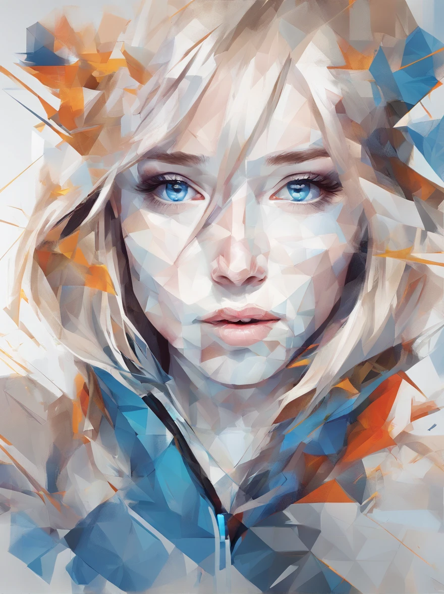 Perfect alignment, Runes on the jacket, paint trails, Crystals，daisy flower, blue eyes, sadness, long blonde hair, still position, abstract beauty, beautiful young girl with thin face, Centered, looking at the viewer, facing the camera, Close of perfection, dynamic, highly detailed, smooth, sharp focus, 8k, high definition resolution, illustration, art by Yoji Shinkawa, Carne Griffiths and Wadim Kashin, white background,