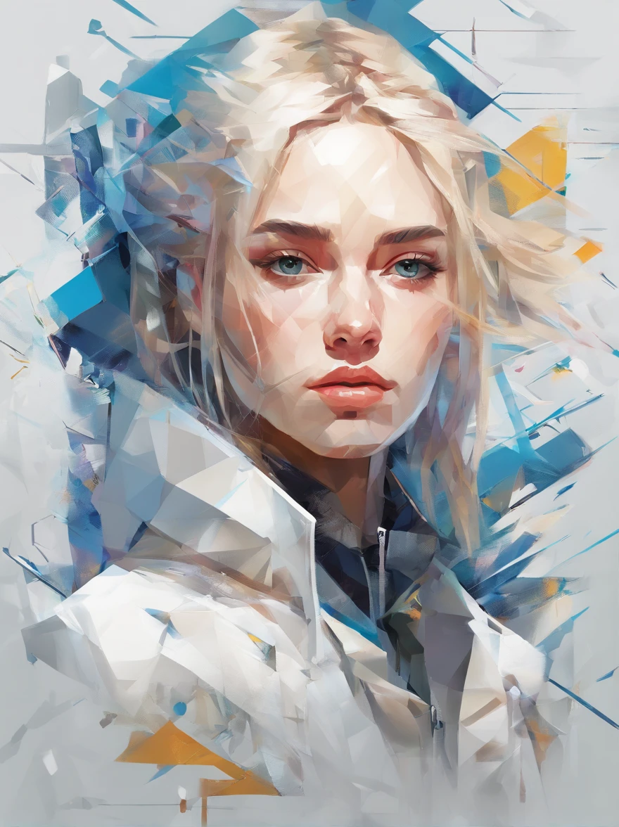 Perfect alignment, Runes on the jacket, paint trails, Crystals，daisy flower, blue eyes, sadness, long blonde hair, still position, abstract beauty, beautiful young girl with thin face, Centered, looking at the viewer, facing the camera, Close of perfection, dynamic, highly detailed, smooth, sharp focus, 8k, high definition resolution, illustration, art by Yoji Shinkawa, Carne Griffiths and Wadim Kashin, white background,