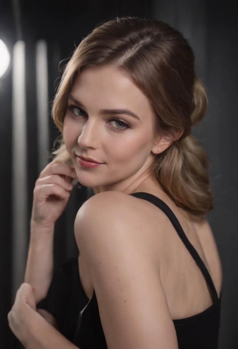 Gwendolyn Stacy enters the spider world, Aim for a《Step into Spider-Man》Film style, Stood up, Looking at the camera, Pitch black background, black pushup bra, big round brests, from behind, gym short, Smiling