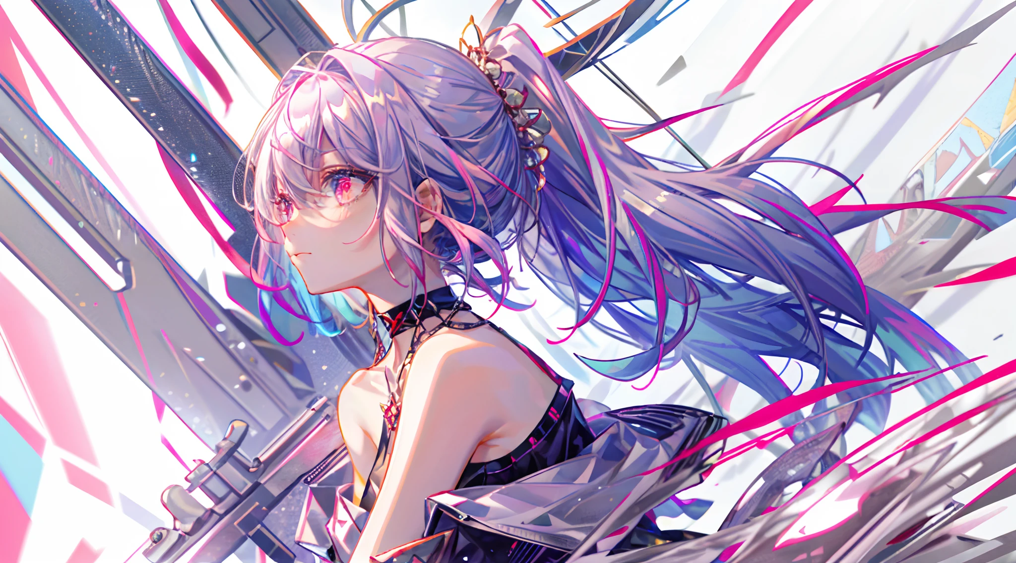 8k wallpaper,tmasterpiece,cinmatic lighting,top Quority,illustratio,Dramatic angles,((a color:1.1)),((Colored inner hair:1.4)),
1girll, 独奏, long whitr hair, SakuraNS, Pink eyes, Cross necklace, parted lip, a white choker, liquid hair, Pink gray hair, By bangs, By bangs, From the side Side, contours, The upper part of the body, blue hairs, simple backgound, pink back ground, exposed bare shoulders, sportrait, looking at viewert, white dresses, hairsbetweeneyes, colorfulhair, white backgrounid, 耳Nipple Ring,jewely