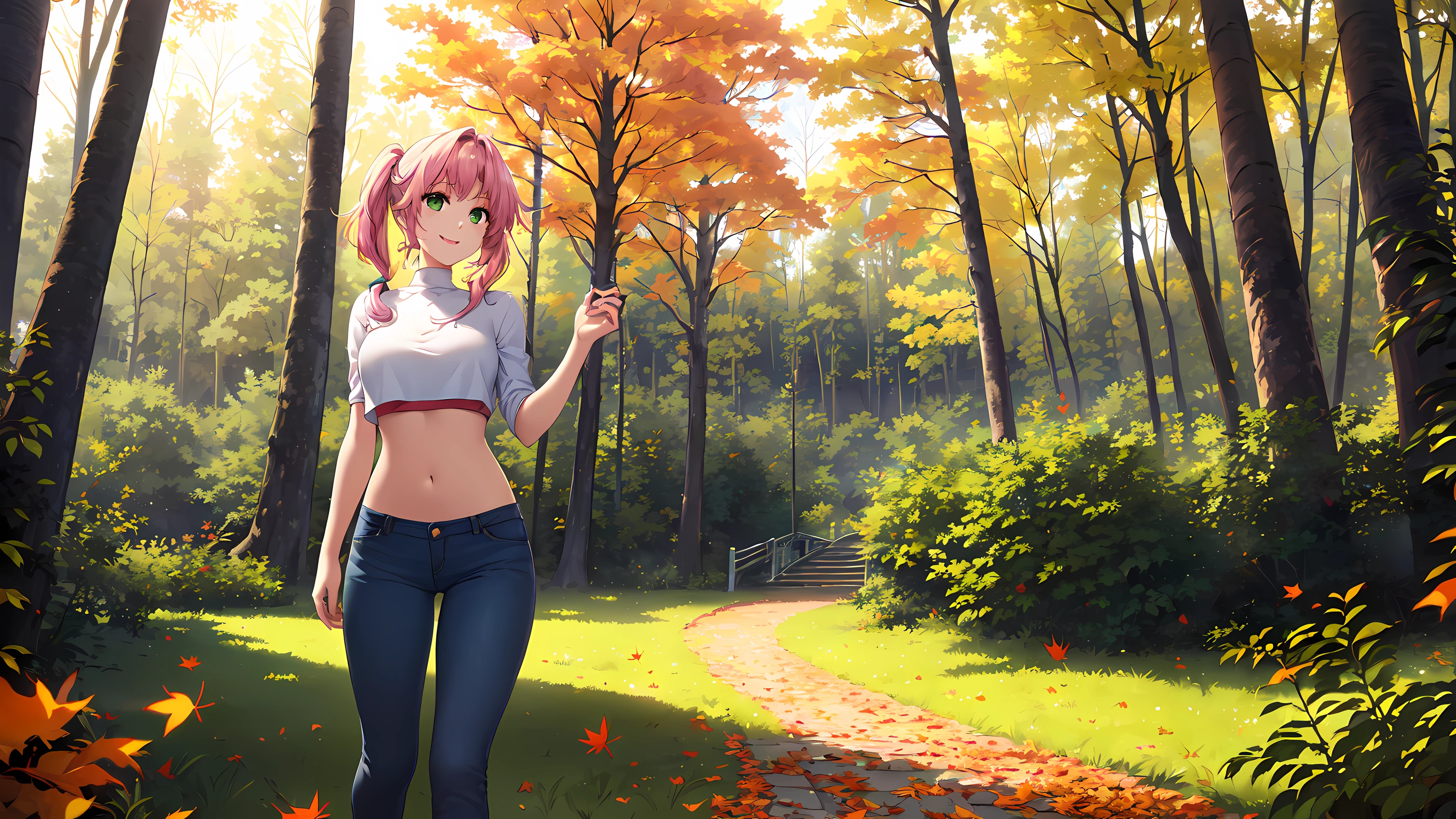 ​masterpiece, 1girl ((20year old, dressed in crop top exposes navel, tight blue jeans, sneakers, medium breasts, multicolor pink hair, twin ponytails, perfect model body, green eyes:1.4, flirting, happy, big smile, looking forward, standing in a park during the autumn season:1.3, tall trees and falling leaves in background:1.2, relaxing atmosphere:1.2)) ((solo:1.6)) ((medium camera shot))
