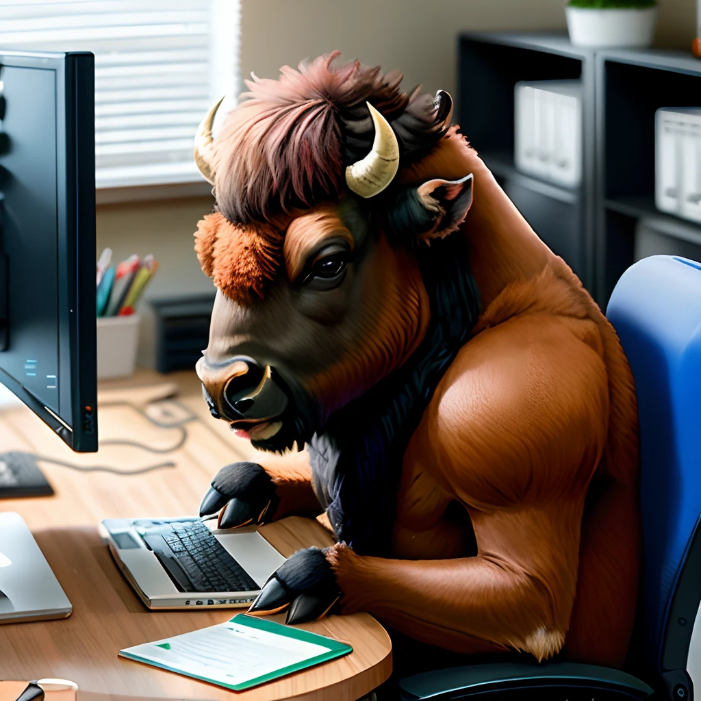 There's a bull that's sitting at a table with a computer, humano vestido como um touro, Tauren, Minotauro, que se assemelha a um touro\'s, um lobo Minotauroo, sentado em uma mesa de computador, com chifres, Minotauro Guerreiro, Minotauro em armadura antiga, muscular bull headed man, satyr, sentado em sua mesa