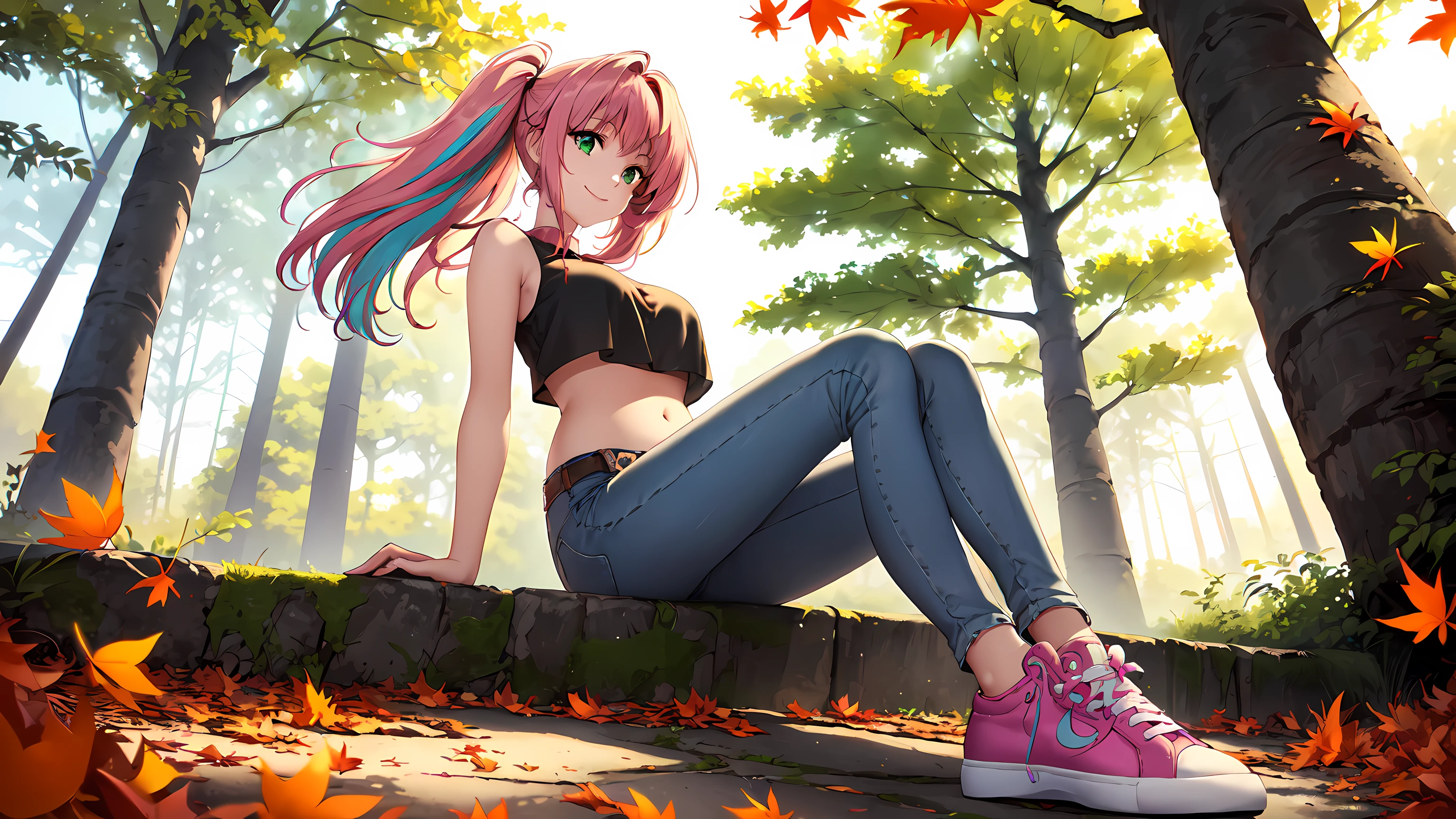 masterpiece, 1girl ((20year old, dressed in crop top exposes navel, tight blue jeans, sneakers, medium breasts, multicolor pink hair, twin ponytails, perfect model body, green eyes:1.4, flirting, happy, big smile, looking forward, standing in a park during the autumn season:1.3, tall trees and falling leaves in background:1.2, relaxing atmosphere:1.2)) ((solo:1.6)) ((medium camera shot))