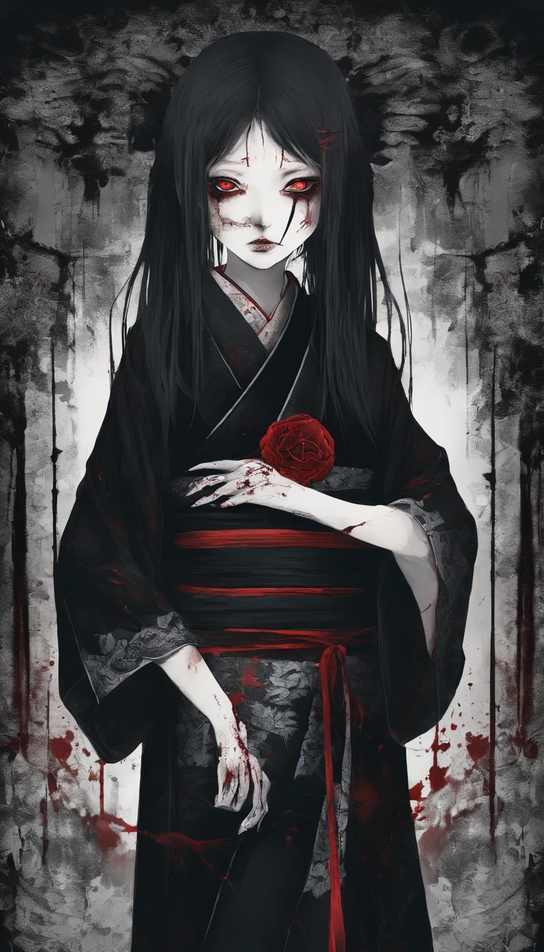 -yeld Ja girl with black black hair and black eyes wearing kimono、short-cut、Have a book、Blood everywhere, Cute face girl, Smile, bleeding eyes, Bleeding in the nose and mouth, Evil smile