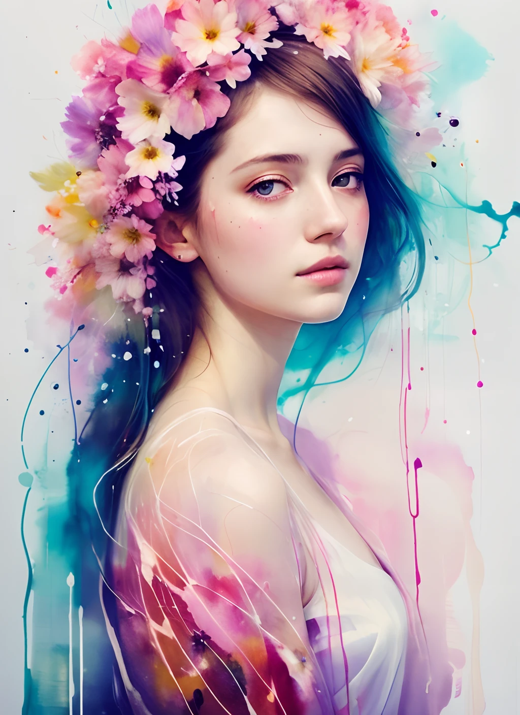 a abstract painting of woman blend with a flower by agnes cecile, luminous design, pastel colours, ink drips, summer lights, double exposure, artistic, aesthetic, unique