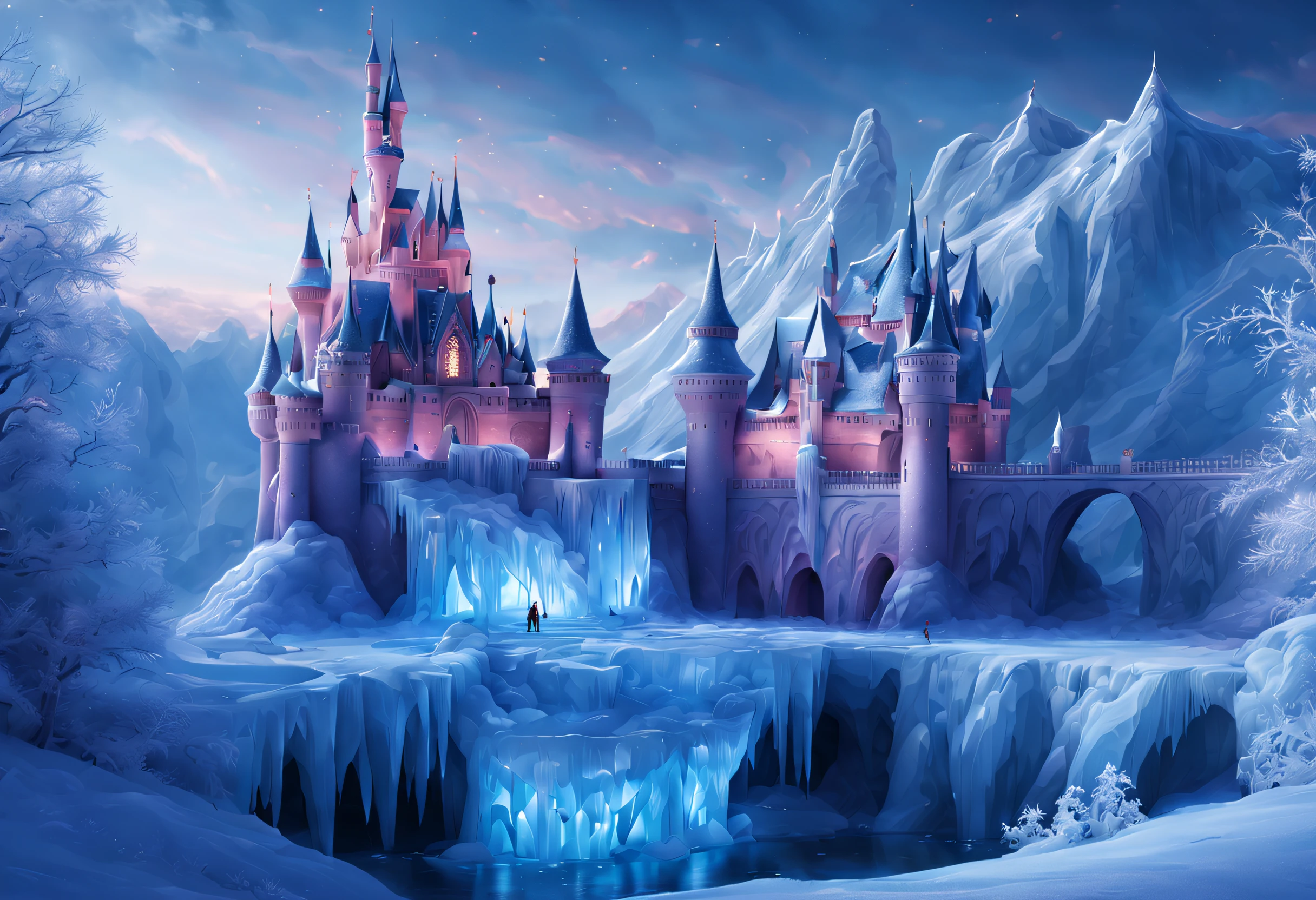 (best quality,4k,8k,highres,masterpiece:1.2),ultra-detailed,realistic,photorealistic:1.37,hdr,uhd,studio lighting,physically-based rendering,sharp focus,extreme detail description,professional,vivid colors,bokeh,ice castle,glittering ice crystals,majestic towers and spires,sparkling snow-covered rooftops,frozen waterfalls and fountains,enchanting ice sculptures,glistening icicles hanging from the eaves,magical northern lights dancing in the sky,frost-covered trees and gardens,fantastical ice bridges connecting different parts of the castle,elaborate ice-carved furniture and decorations,ethereal ice chandeliers casting a magical glow,icy reflection on the shimmering frozen lake,a sense of symmetry and grandeur,freezing cold air with visible breath,icy wind whistling through the castle,absolute stillness and tranquility,mysterious ice caves and secret chambers within the castle,royal figures adorned in shimmering, elegant ice garments,stunning ice labyrinth leading to hidden surprises,crystal-clear ice windowpanes with intricate patterns,playful ice slides and sledding slopes,exquisite ice throne fit for an ice queen or king,magical creatures made of ice inhabiting the surroundings,subtle shades of blue and silver creating a wintry ambiance,dazzling sunlight reflecting off the ice surfaces,intense contrasts between shadows and highlights,ethereal atmosphere created by mist and fog,mesmerizing details of snowflakes and frost formations,ethereal and magical atmosphere throughout the entire castle,glowing lanterns and torches illuminating the night,frozen lake with playful ice skaters twirling around,charming ice village nestled near the castle,sparkling stars visible in the night sky above the ice castle.