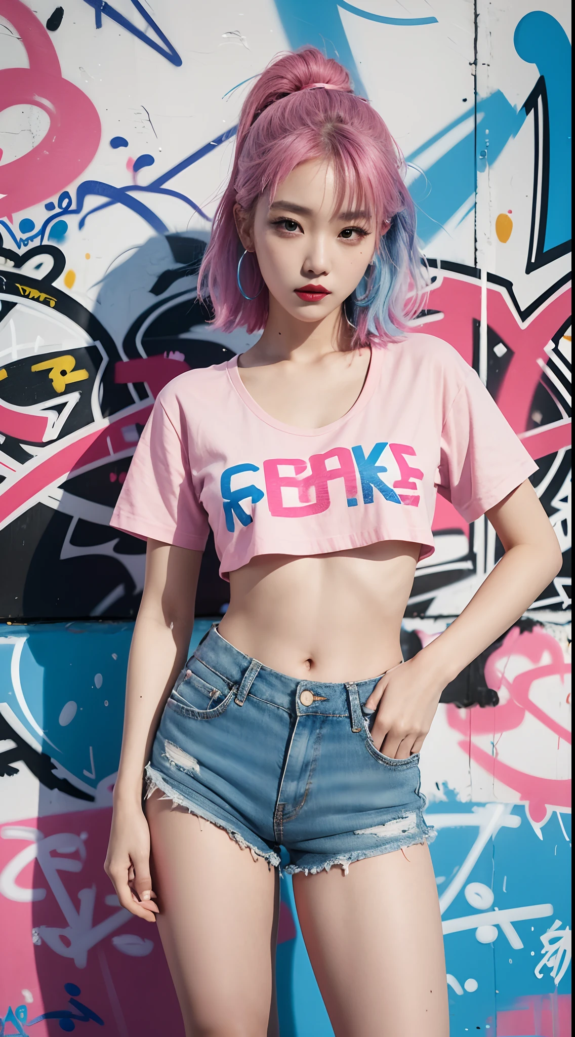 best quality, Clarity, 4k, 8k, detail, actual, Beautiful Girl, Korean makeup, Red lips, pink and blue hair, Perfect body, thigh, stand, pose standing, medium chest, Graffiti crop top, pink and blue shorts, Solid graffiti wall background, Graffiti art,