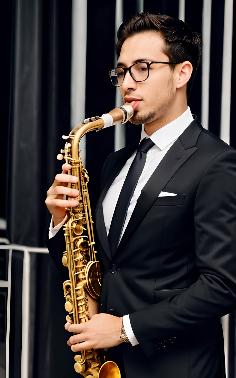 Tall black boy with glasses square transparent dressed in thin suit and elegant playing sax