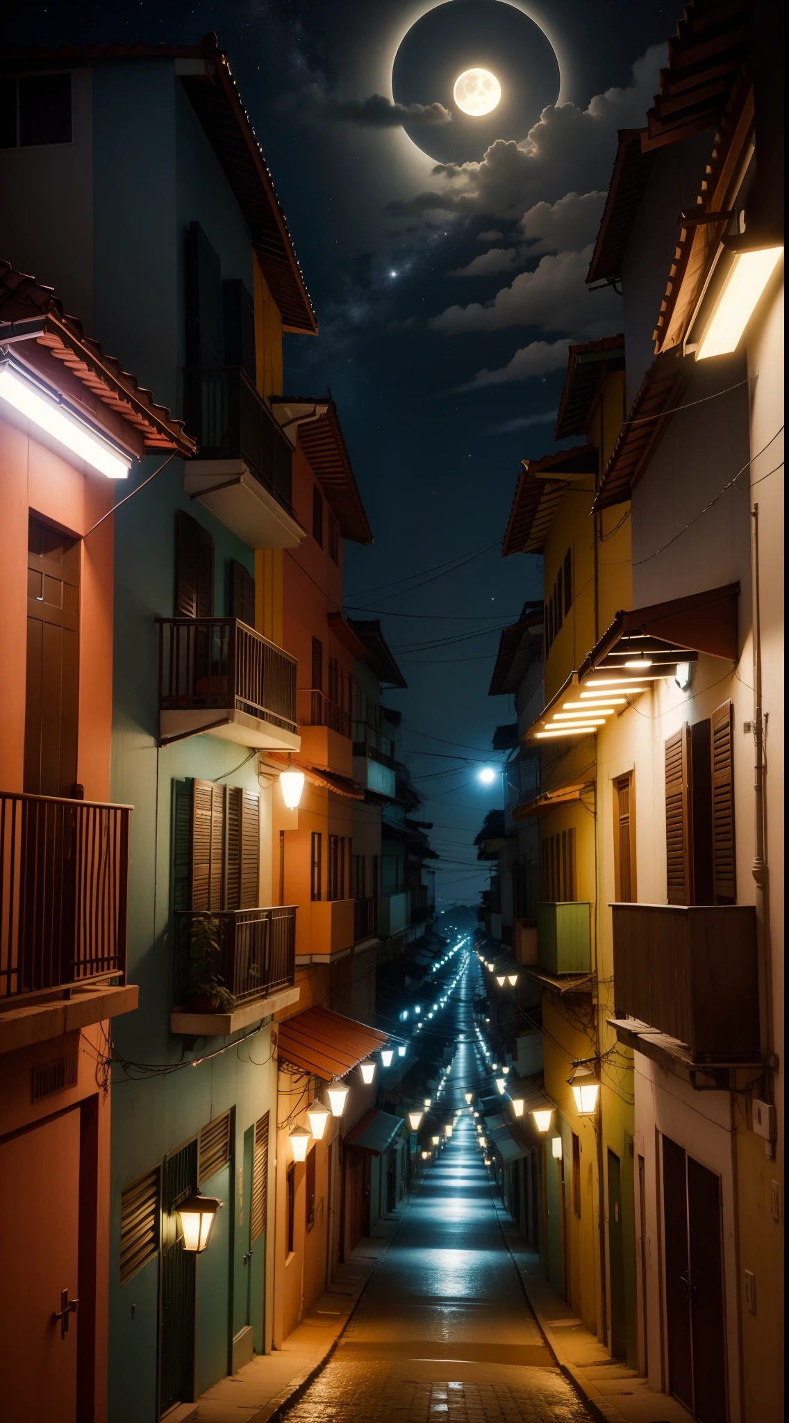 rua brasileira com referencia Manaus. noite, Starry sky with full moon, LED Street Lighting, Light from the balconies of the buildings.