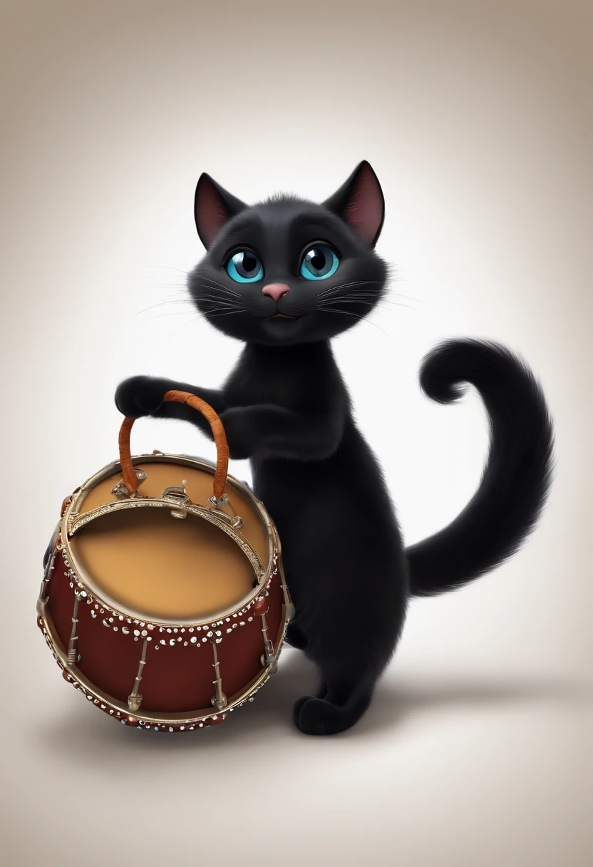 Make a black cat standing up holding a tambourine with its paws, o pandeiro tem que ter a metade do tamanho do gato, tipo desenho da disney. pixar, 3d, disney