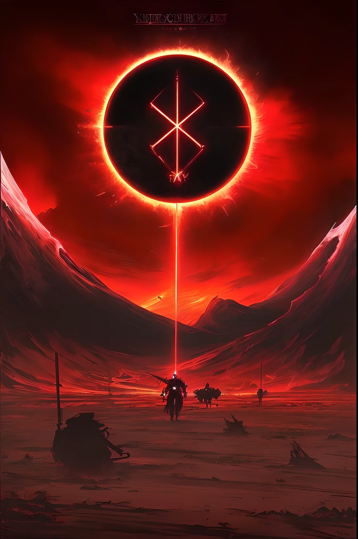 A painting of a red sky with a black circle, Guts com sua espada gigante nos ombros, red demon cyberpunk symbols, just art for dark metal music, omen from valorant, Symmetrical Epic Fantasy Art, Runas sangrentas, arte do bipe, cyberpunk demonic symbols, smelting pit'beeple, Red planet on the rise, Erguendo-se do vazio