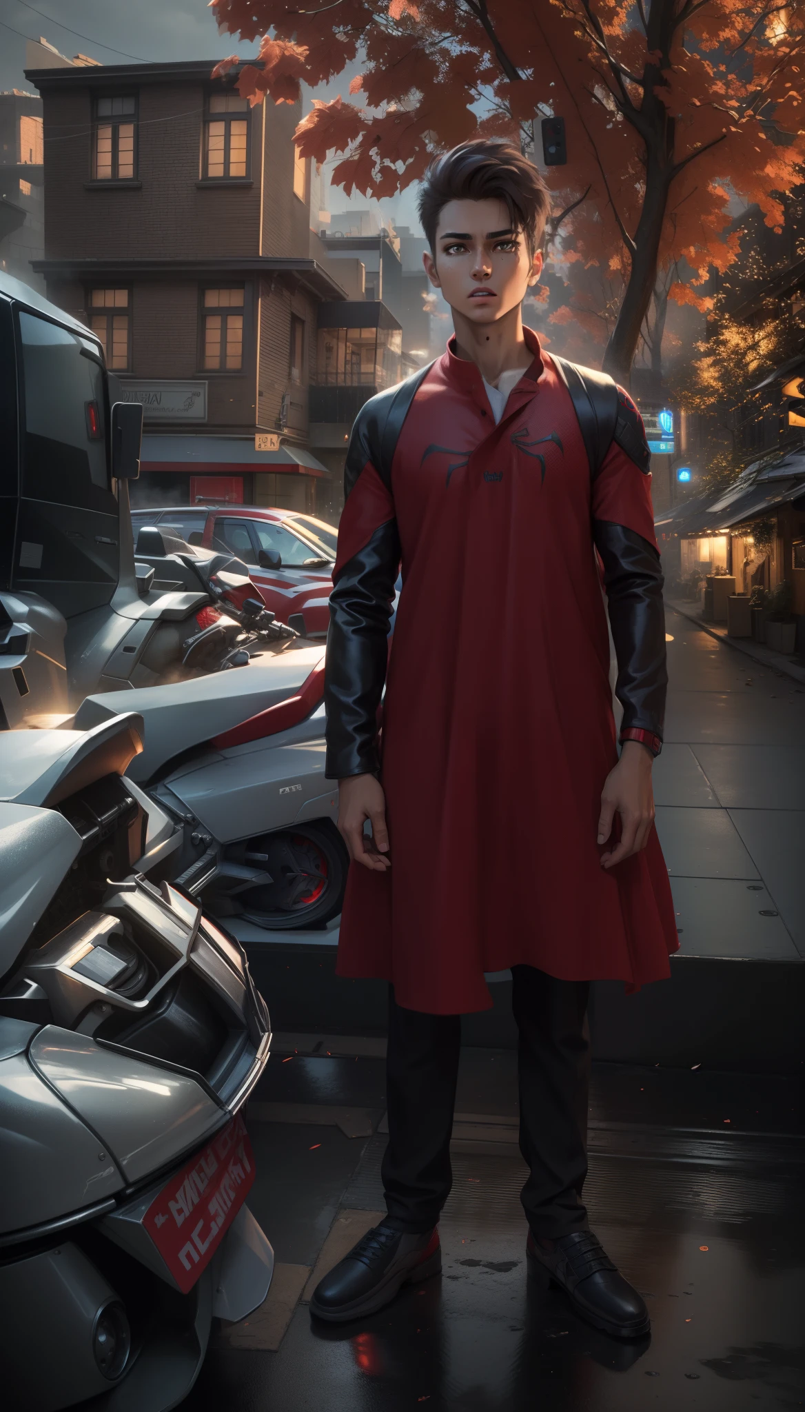 (1boy:1.3), Solo, (((Very detailed face)))), ((Very detailed eyes and face)))), Beautiful detail eyes, Body parts__, Official art, Unified 8k wallpaper, Super detailed, beautiful and beautiful, beautiful, masterpiece, best quality, original, masterpiece, super fine photo, best quality, super high resolution, realistic realism, sunlight, full body portrait, amazing beauty, dynamic pose, delicate face, vibrant eyes, (from the front), he wears Spider-Man suit, red and black color scheme, spider, very detailed city roof background, rooftop, overlooking the city, detailed face, detailed complex busy background, messy, gorgeous, milky white, highly detailed skin, realistic skin details, visible pores, clear focus, volumetric fog, 8k uhd, DSLR, high quality, film grain, fair skin, photo realism, lomography, futuristic dystopian megalopolis, translucent