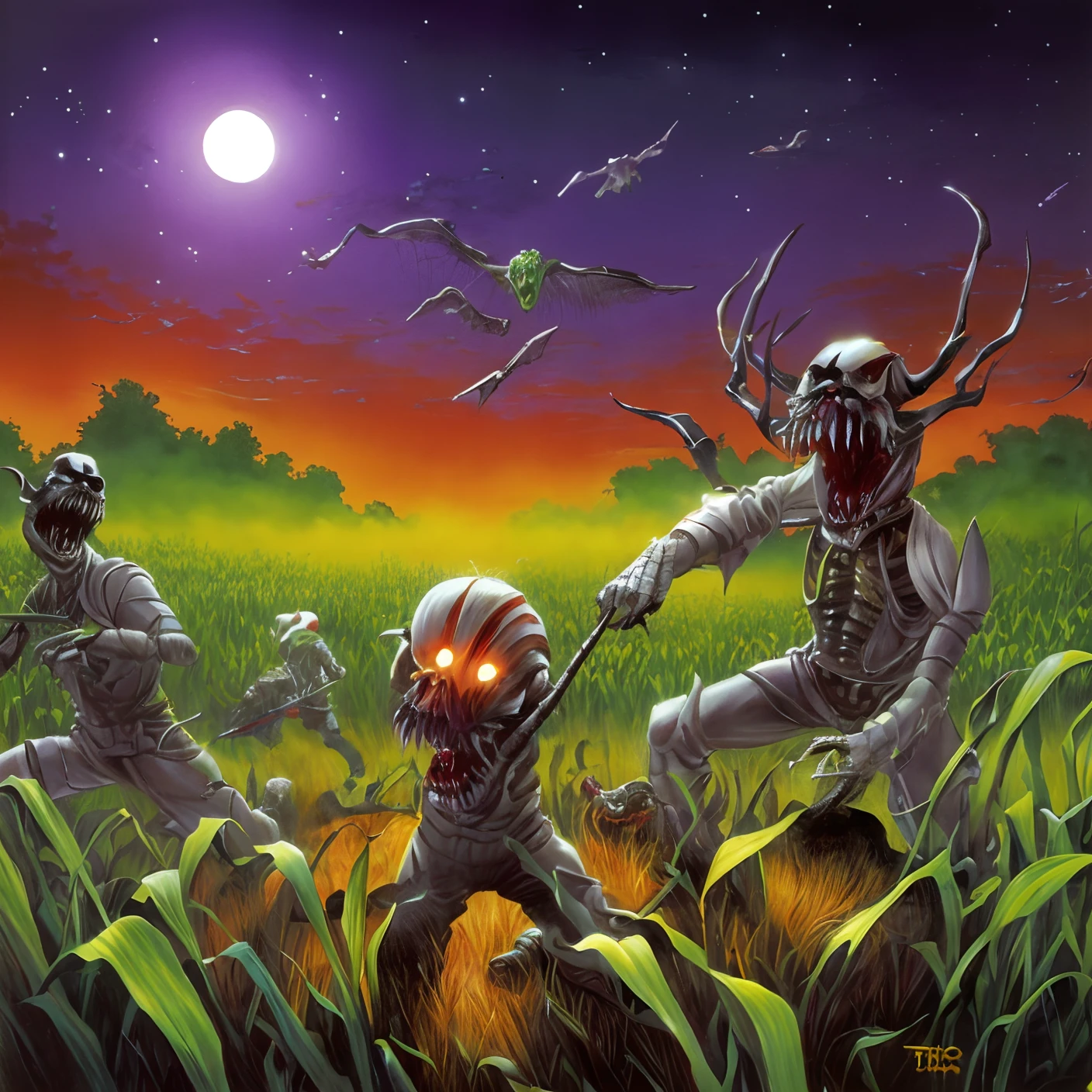 Attack of the killer corn,spooky,scary,sharp claws,sharp teeth,red bloodshot eyes,(((goosebumps art by tim jacobus)))