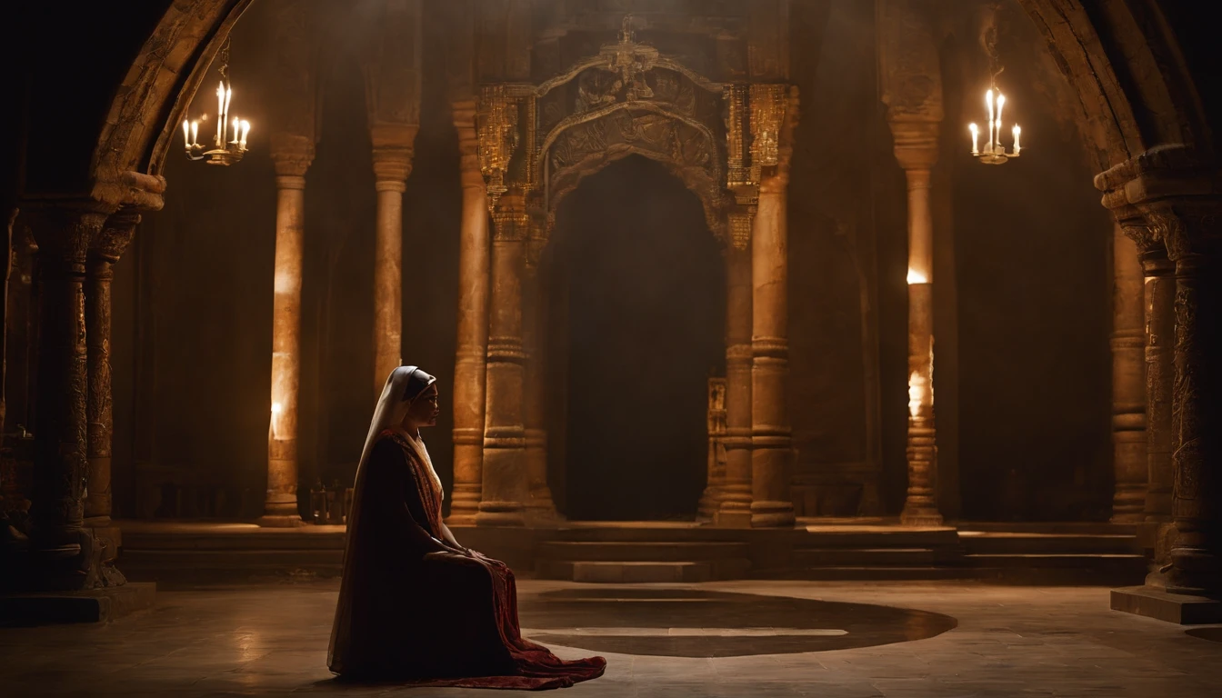 The High Priestess sits in front of a thin veil decorated with pomegranates. On either side of The High Priestess stand two pillars, marking the entrance to this sacred, mystical temple. One pillar is black with the letter B and the other is white with the letter J. The High Priestess wears a blue robe with a cross on her chest and a horned diadem, In her lap, she holds a scroll with the letters TORA, It is partly covered. There is a crescent moon at her feet, highly detailed