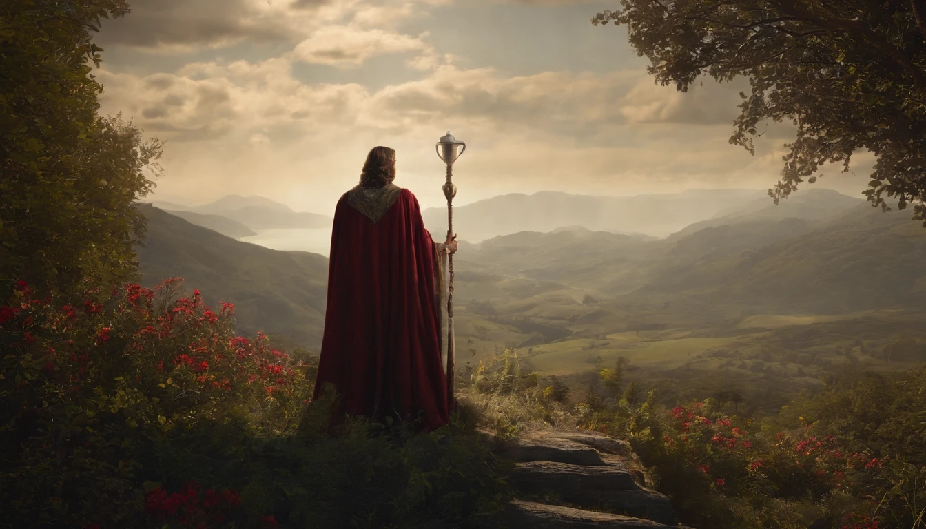 A magician stands with one arm stretched upwards towards the Universe, and the other pointing down to the earth. The Magician’s robe is white, and his cloak is red. On a table in front of him are a cup, pentacle, sword and wand. Above his head is the infinity symbol, and around his waist is a snake biting its own tail. in the foreground is an array of foliage and flowers, highly detailed
