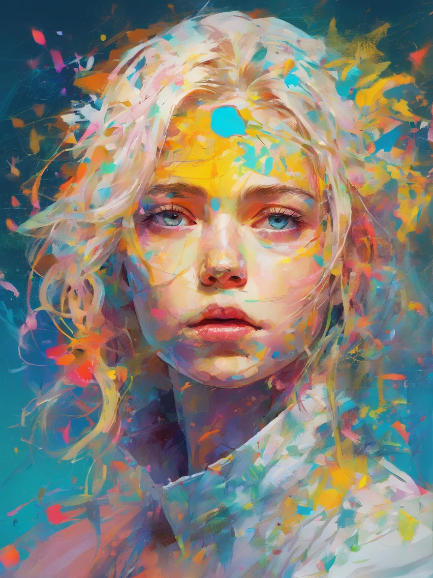 Perfect alignment, white coat, paint trails, Crystals, daisy flower, yellow, blue eyes, sadness, long blonde hair, still position, abstract beauty, beautiful young girl with thin face, Centered, looking at the viewer, facing the camera, sad, empty face, thin, 15 years old, broken glass, Near Perfection, dynamic, highly detailed, smooth, sharp focus, 8k, high definition resolution, illustration, art by Yoji Shinkawa, Carne Griffiths and Wadim Kashin, white background