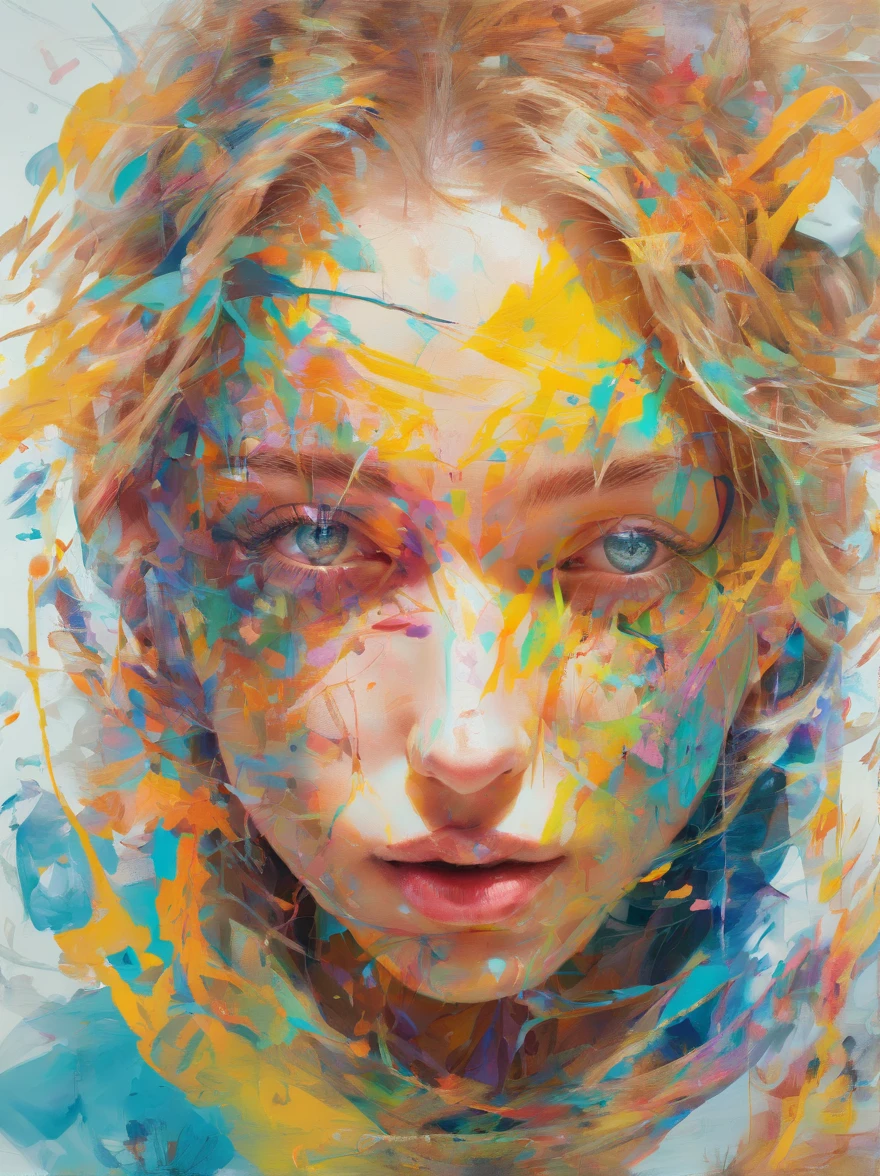 Perfect alignment, white coat, paint trails, Crystals, daisy flower, yellow, blue eyes, sadness, long blonde hair, still position, abstract beauty, beautiful young girl with thin face, Centered, looking at the viewer, facing the camera, sad, empty face, thin, , broken glass, Near Perfection, dynamic, highly detailed, smooth, sharp focus, 8k, high definition resolution, illustration, art by Yoji Shinkawa, Carne Griffiths and Wadim Kashin, white background