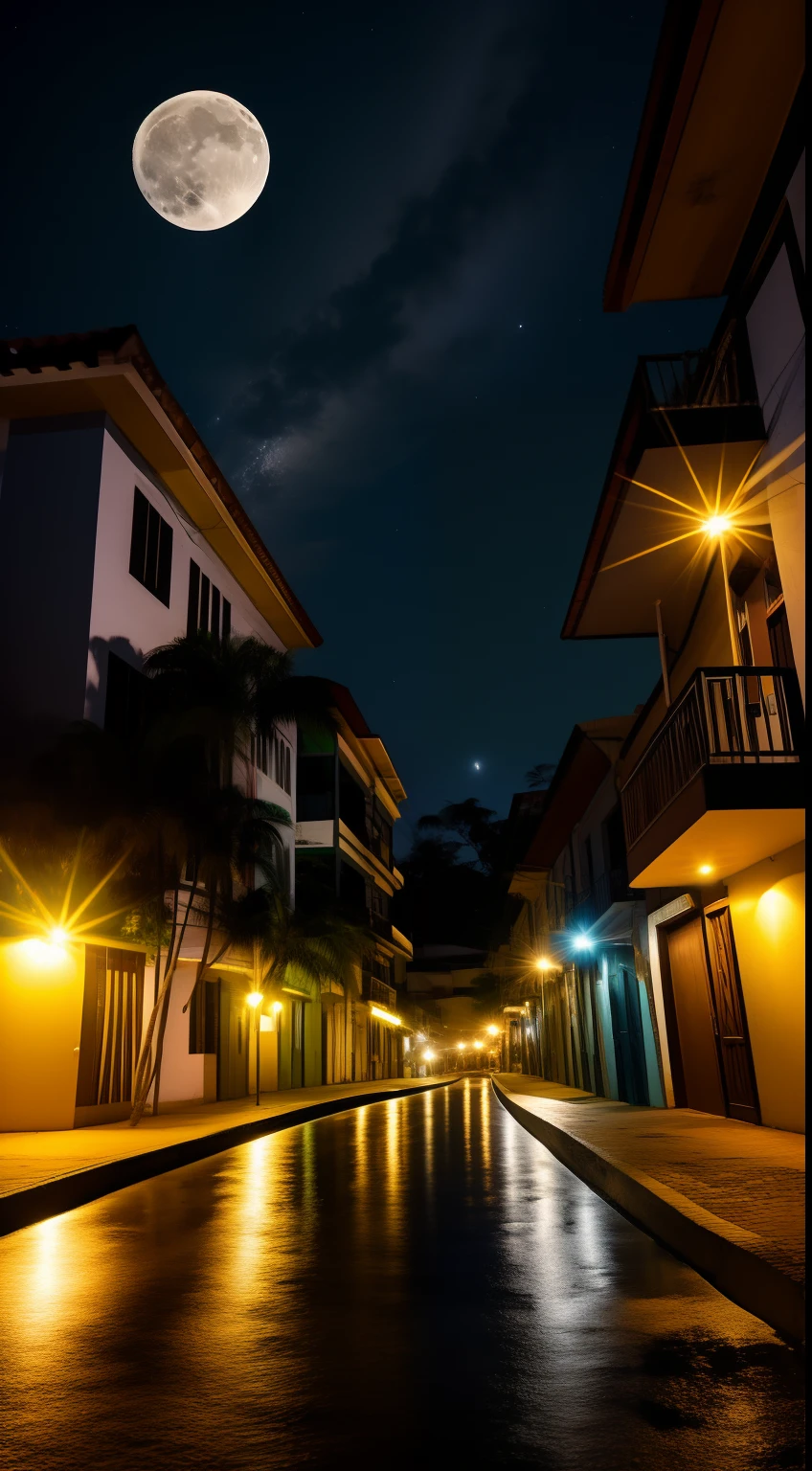 rua brasileira com referencia Manaus. noite, Starry sky with full moon, LED Street Lights, Light from the balconies of the buildings.