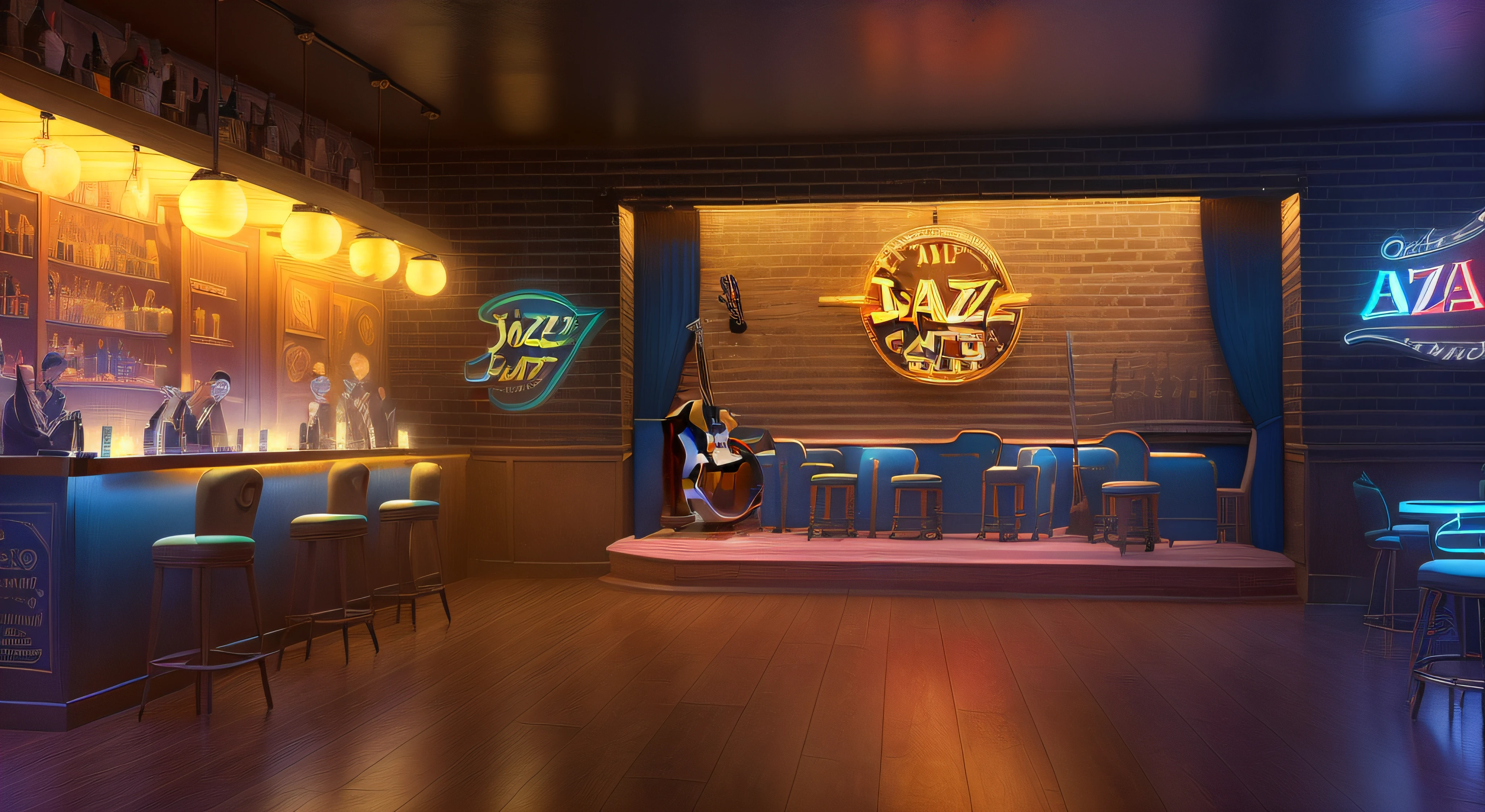 there is a bar with a stage and a bar stool, detailed an empty jazz cafe, speakeasy bar background, pixar zootopia. 3 d rendering, dimly lit dive bar, film noir jazz bar, bar background, 1 9 3 0 s jazz club, an illustration of a bar/lounge, background artwork, detailed lighting and textures