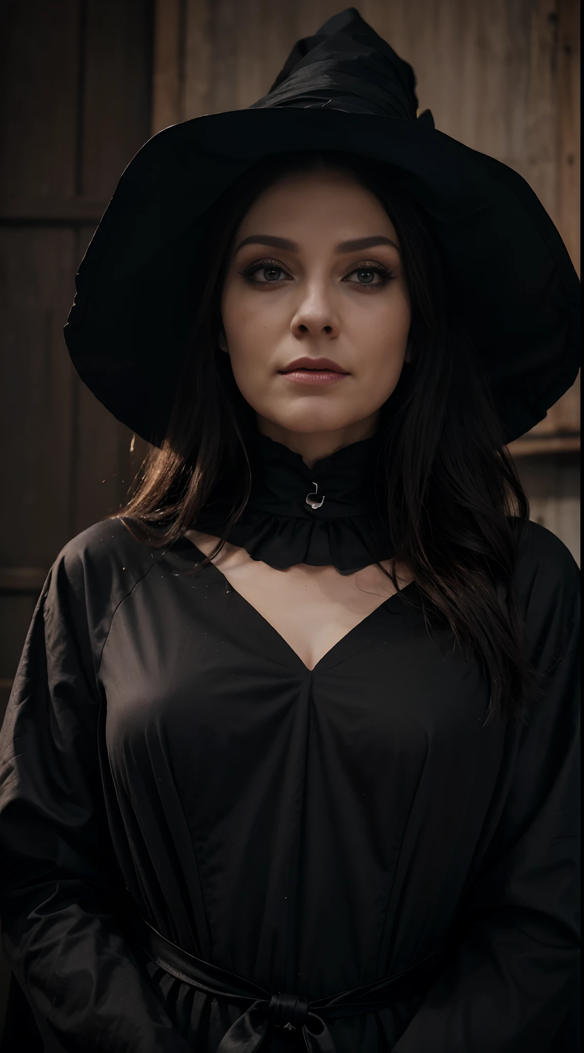 Illustration of a witch on Halloween night. hyper realistic. photo realist. Image qui fait peur, verrue sur le nez, grand chapeau, maquillage extra bien fait. Dans une piece avec un chaudron. Effet de profondeur. La sorciere est habillee de noir avec une robe longue et descente2