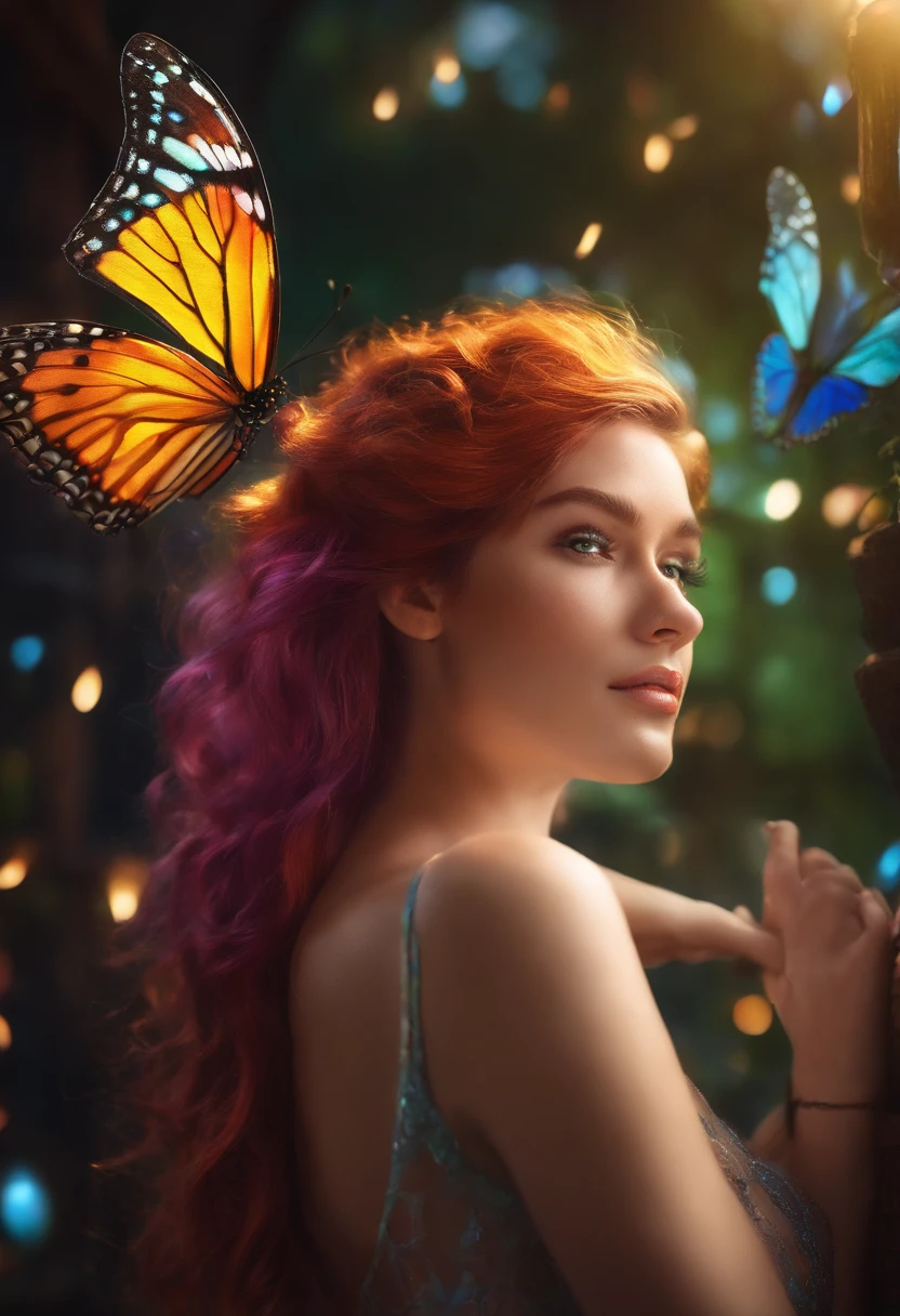 1girl, Masterpiece, extremly detailed, ((Cinematic lighting)), (Glowing), ((dramatic  lighting)), ((Beautiful detailed glow)), intricate detials, lens flare, multi-colored hair, rainbow hair, Long hair, multi-colored dress, Butterfly hair decoration, Butterflies, (light particles), Hands Behind Your Back, large breasts, [Curvy], Cowboy shot, slight smile, Green eyes, church, stained glass windows, spotlight, Dark background, Floating hair, Floating hair, looking a viewer,((Colorful))