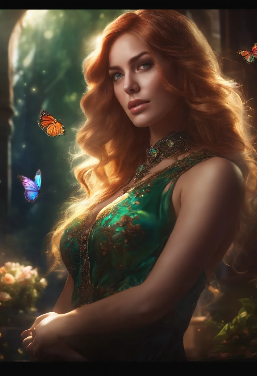 1girl, Masterpiece, extremly detailed, ((Cinematic lighting)), (Glowing), ((dramatic  lighting)), ((Beautiful detailed glow)), intricate detials, lens flare, multi-colored hair, rainbow hair, Long hair, multi-colored dress, Butterfly hair decoration, Butterflies, (light particles), Hands Behind Your Back, large breasts, [Curvy], Cowboy shot, slight smile, Green eyes, church, stained glass windows, spotlight, Dark background, Floating hair, Floating hair, looking a viewer,((Colorful))