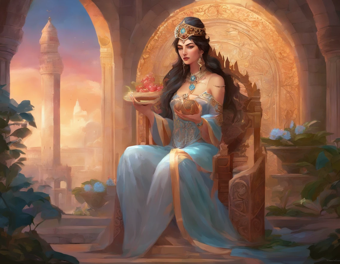 The High Priestess sits in front of a thin veil decorated with pomegranates. On either side of The High Priestess stand two pillars, marking the entrance to this sacred, mystical temple. One pillar is black with the letter B and the other is white with the letter J. The High Priestess wears a blue robe with a cross on her chest and a horned diadem, In her lap, she holds a scroll with the letters TORA, It is partly covered. There is a crescent moon at her feet, highly detailed