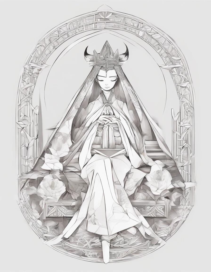 The High Priestess sits in front of a thin veil decorated with pomegranates. On either side of The High Priestess stand two pillars, marking the entrance to this sacred, mystical temple. One pillar is black with the letter B and the other is white with the letter J. The High Priestess wears a blue robe with a cross on her chest and a horned diadem, In her lap, she holds a scroll with the letters TORA, It is partly covered. There is a crescent moon at her feet, highly detailed