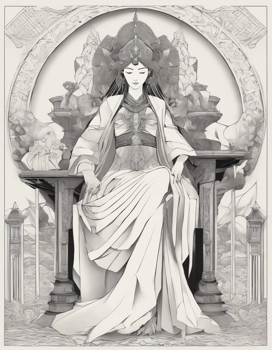 The High Priestess sits in front of a thin veil decorated with pomegranates. On either side of The High Priestess stand two pillars, marking the entrance to this sacred, mystical temple. One pillar is black with the letter B and the other is white with the letter J. The High Priestess wears a blue robe with a cross on her chest and a horned diadem, In her lap, she holds a scroll with the letters TORA, It is partly covered. There is a crescent moon at her feet, highly detailed