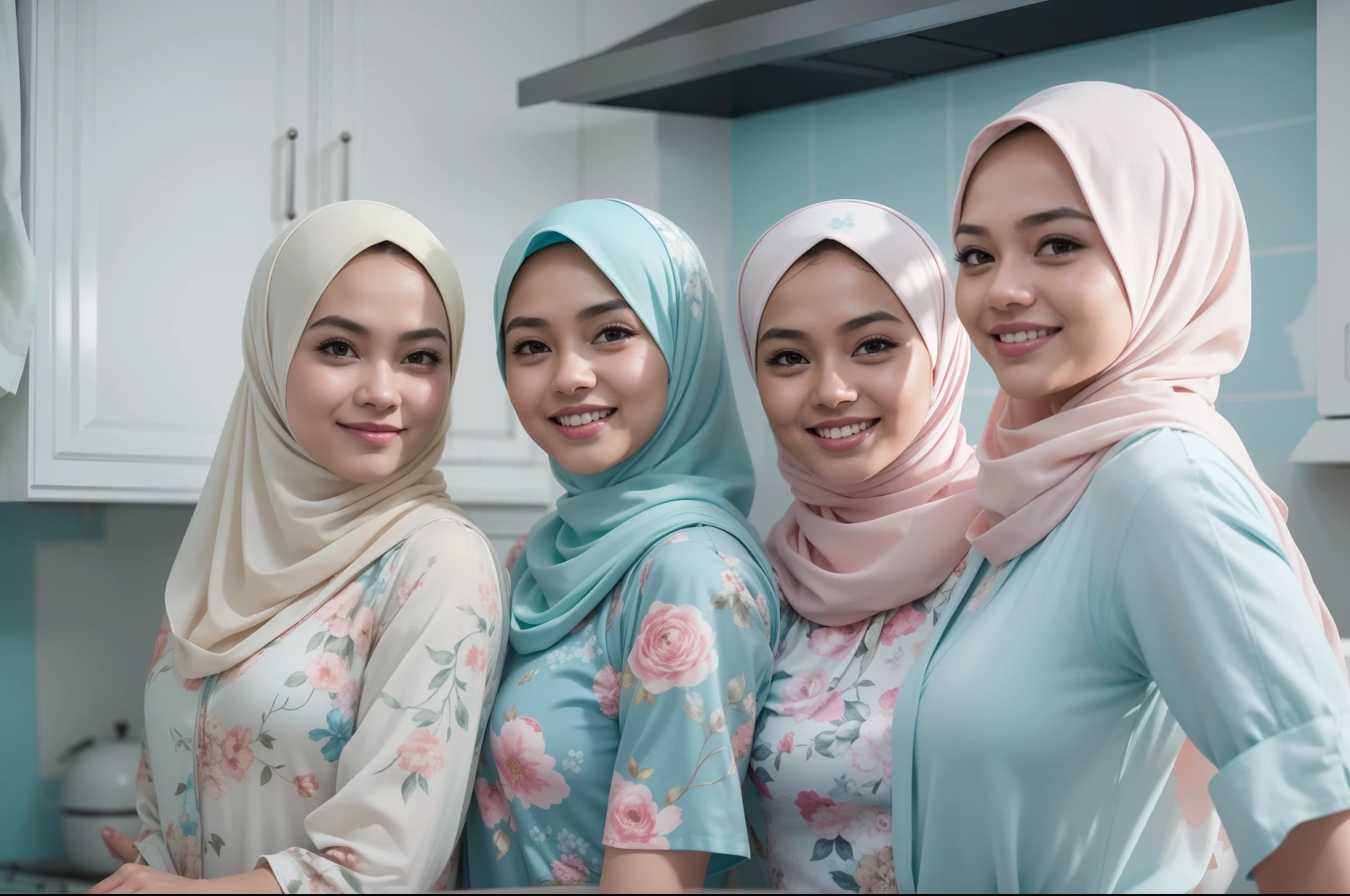 4 beautiful malay girl in pastel color hijab taking picture in modern kitchen, wear pastel blue and white floral pattern baju kurung, friendly and laughing situation, laughing, happy, modern pastel color kitchen, detailed skin texture, soft lighting, pastel color theme, 8mm, Close-up shot, cool-toned color grading, depth of field, film noir, high quality, ultra detail, 8k resolution,