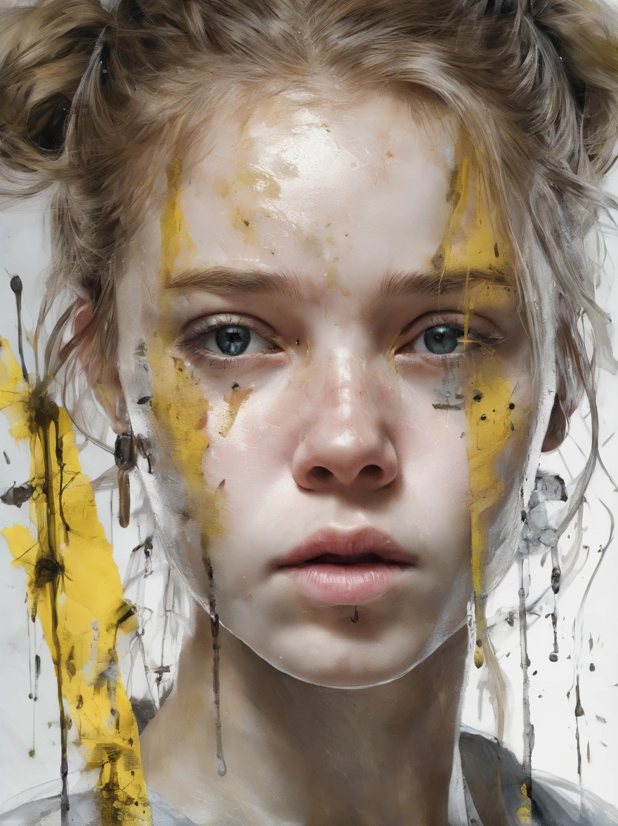 Perfect alignment, white coat, paint trails, paint dirt, dirty art, black and yellow paint, scratched, Crystals, daisy flower, yellow, blue eyes, sadness, long blonde hair, still position, abstract beauty, beautiful young girl with thin face, centered, looking at viewer, facing camera, sad empty face, thin, , broken glass, close to perfection, dynamic, highly detailed, smooth, sharp focus, 8k, high definition resolution, illustration, art by Yoji Shinkawa, Carne Griffiths and Wadim Kashin, white background