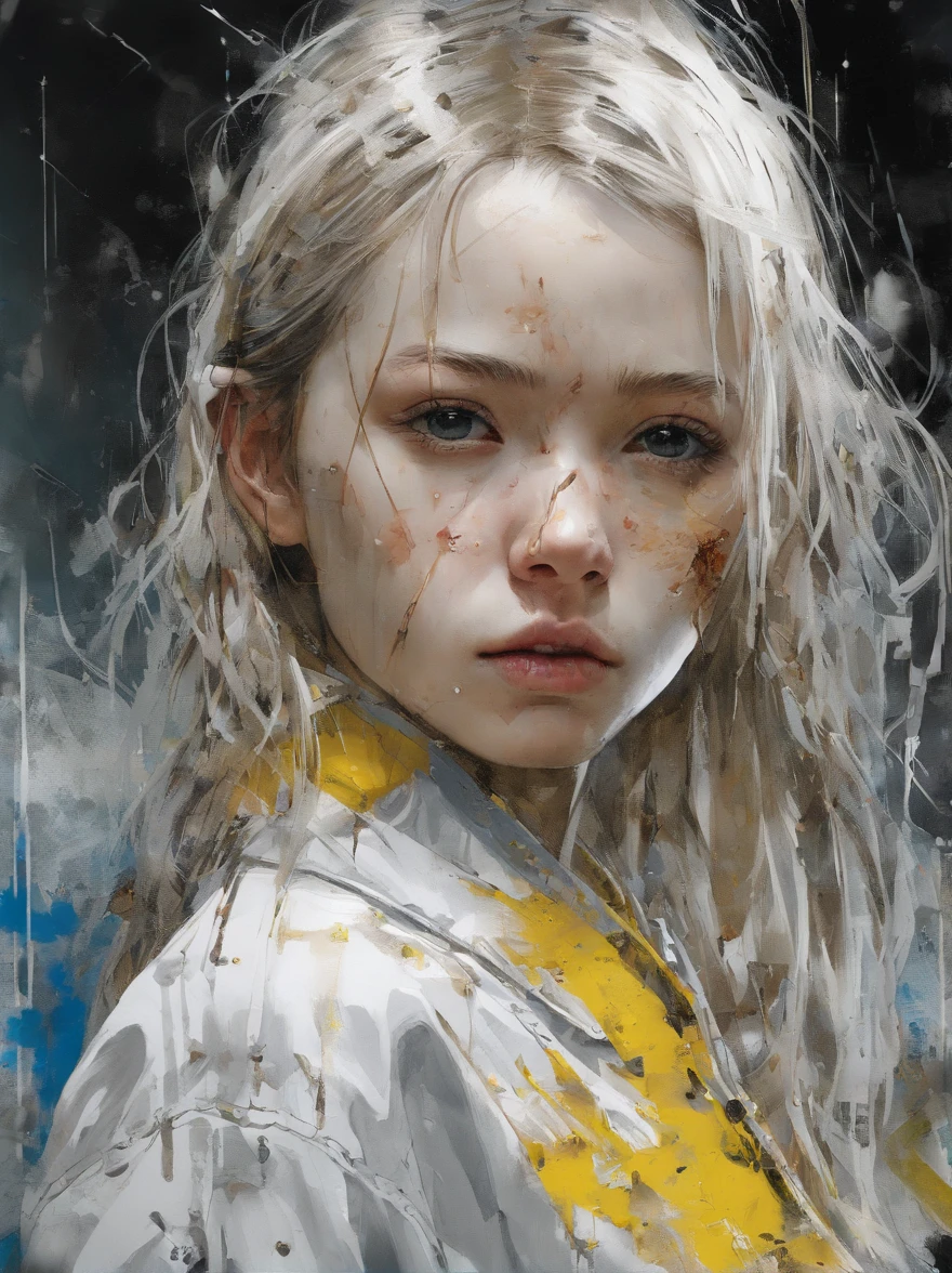 Perfect alignment, white coat, paint trails, paint dirt, dirty art, black and yellow paint, scratched, Crystals, daisy flower, yellow, blue eyes, sadness, long blonde hair, still position, abstract beauty, beautiful young girl with thin face, centered, looking at viewer, facing camera, sad empty face, thin, 15 years old, broken glass, close to perfection, dynamic, highly detailed, smooth, sharp focus, 8k, high definition resolution, illustration, art by Yoji Shinkawa, Carne Griffiths and Wadim Kashin, white background