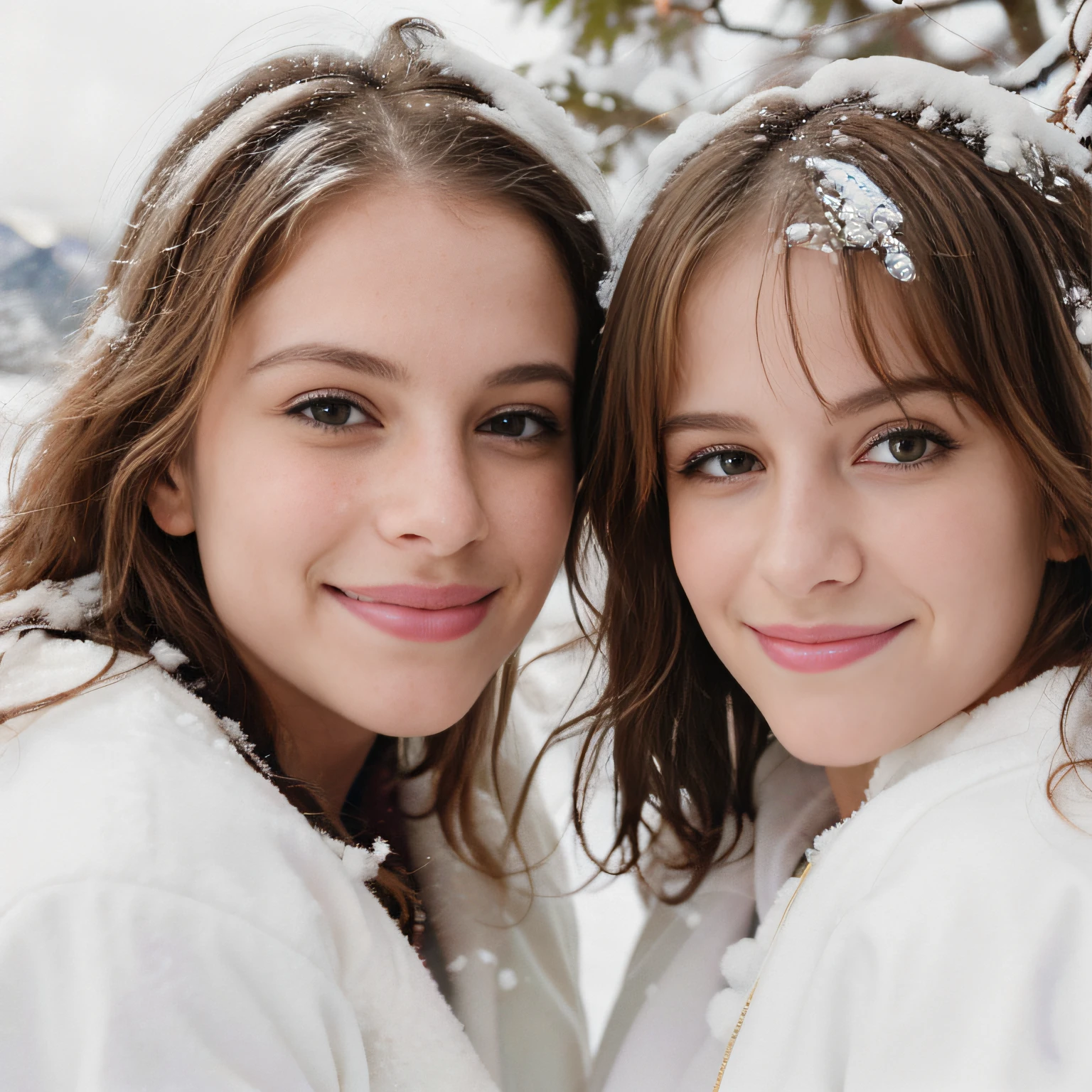 In the revised image, two young girls take a playful selfie against the backdrop of a snowy mountain. The background features a picturesque river and a majestic bare tree, their branches reaching towards the sky. One of the girls has beautiful flowing blonde hair, while the other has lovely brown hair that complements the wintry landscape. Both girls embrace the frosty adventure without hats or hoods, their smiles radiating warmth and happiness. The high-resolution image captures every detail, from the individual snowflakes on their hair to the texture of the tree bark, immersing viewers in the serene beauty of the snowy mountain scene. skin texture, ultra high res, RAW, instagram LUT, ultra-detailed, cinematic light, side lighting, ultra high resolution, best shadow, RAW, 4k, ((masterpiece)), ((best quality)), ((intricately details)), ((ultra-realistic realism)),  Ridiculous res,  highly detailed, detailed fingers), (extremely detailed eyes and face), (beautiful detailed nose), (beautiful detailed thigh), (beautiful detailed eyes), avril lavgne, hayley williams