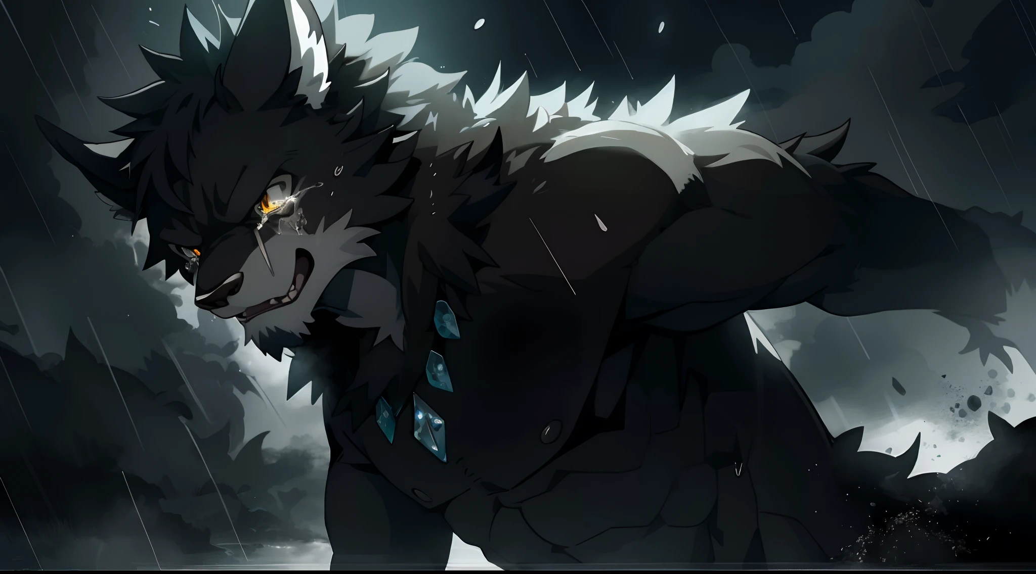 cover_page, Darkness with diamonds falling like rain, Beastmen whose tears become jewels, Express your grief with your whole body, kemono, furry, dynamic lighting, deep shadow, cinematic angle,
