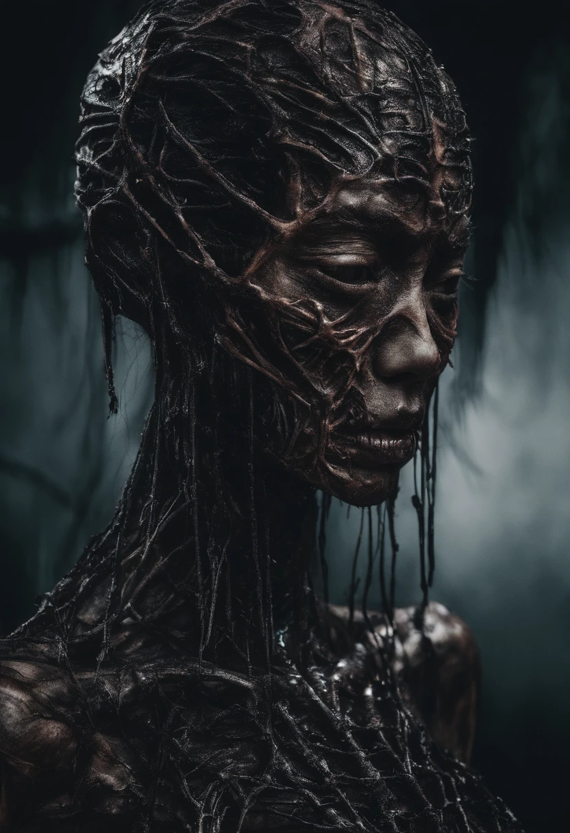 Stills of female aliens, A beautiful face resembling a beautiful Asian girl., Translucent skin, Dripping teeth,Very big.,Unclothed. Blood vessels that show under its skin., dark, Onimus