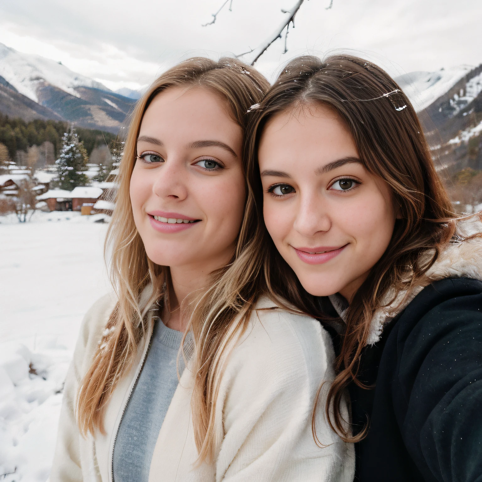 In the revised image, two young girls take a playful selfie against the backdrop of a snowy mountain. The background features a picturesque river and a majestic bare tree, their branches reaching towards the sky. One of the girls has beautiful flowing blonde hair, while the other has lovely brown hair that complements the wintry landscape. Both girls embrace the frosty adventure without hats or hoods, their smiles radiating warmth and happiness. The high-resolution image captures every detail, from the individual snowflakes on their hair to the texture of the tree bark, immersing viewers in the serene beauty of the snowy mountain scene. skin texture, ultra high res, RAW, instagram LUT, ultra-detailed, cinematic light, side lighting, ultra high resolution, best shadow, RAW, 4k, ((masterpiece)), ((best quality)), ((intricately details)), ((ultra-realistic realism)),  Ridiculous res,  highly detailed, detailed fingers), (extremely detailed eyes and face), (beautiful detailed nose), (beautiful detailed thigh), (beautiful detailed eyes), avril lavgne, hayley williams