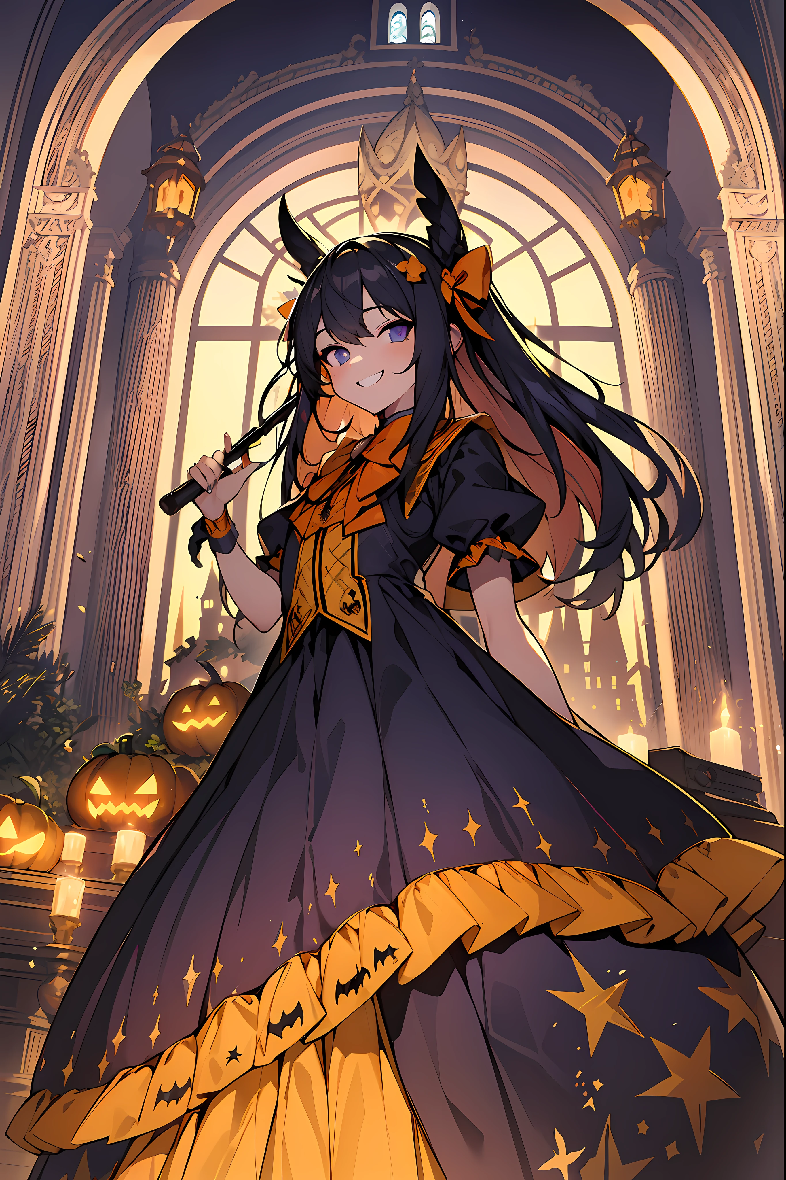 Halloween, Halloween, squash, absurderes, superfine illustration,rainboweffect, hight resolution, ultra-detailliert,Light diffusion,highly detailed light reflection, Kaleidoscope, Harmonious, Best Shadow, fullllbody, zoomout, Very detailed very beautiful adult big smile, Castles, beautiful detailed High school uniform