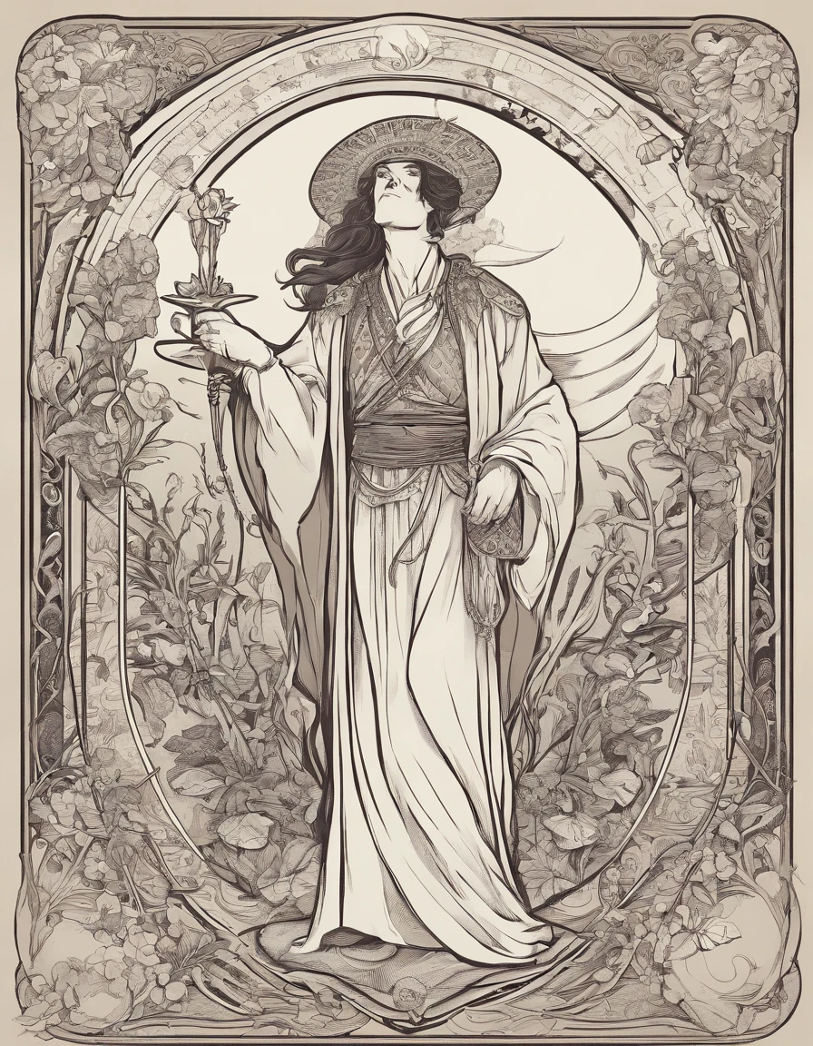 A magician stands with one arm stretched upwards towards the Universe, and the other pointing down to the earth. The Magician’s robe is white, and his cloak is red. On a table in front of him are a cup, pentacle, sword and wand. Above his head is the infinity symbol, and around his waist is a snake biting its own tail. in the foreground is an array of foliage and flowers, highly detailed
