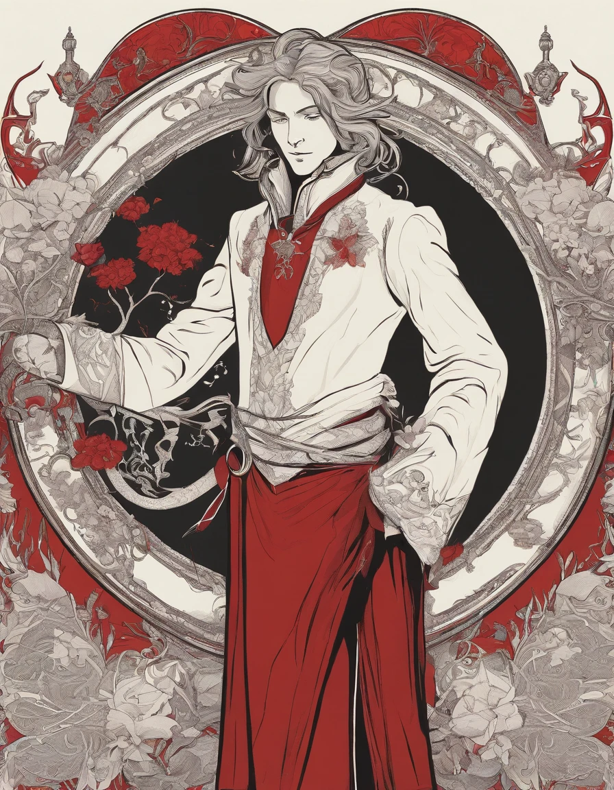 A magician stands with one arm stretched upwards towards the Universe, and the other pointing down to the earth. The Magician’s robe is white, and his cloak is red. On a table in front of him are a cup, pentacle, sword and wand. Above his head is the infinity symbol, and around his waist is a snake biting its own tail. in the foreground is an array of foliage and flowers, highly detailed