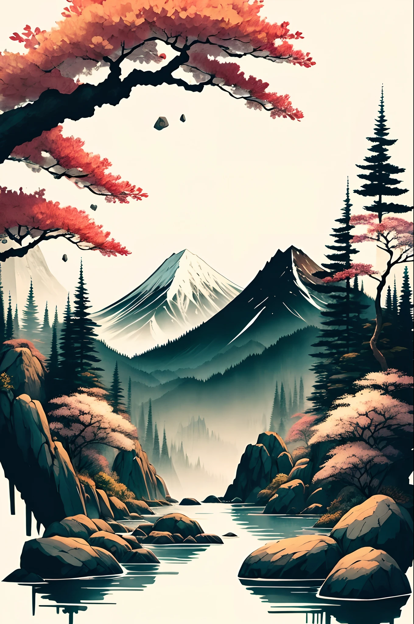 white background, scenery, ink, girl , sitting, black kimono,mountains,stones water, trees, colorful design