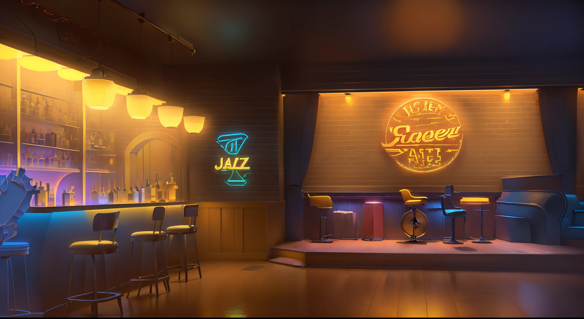 there is a bar with a stage and a bar stool, detailed an empty jazz cafe, speakeasy bar background, pixar zootopia. 3 d rendering, dimly lit dive bar, film noir jazz bar, bar background, 1 9 3 0 s jazz club, an illustration of a bar/lounge, background artwork, detailed lighting neon and textures