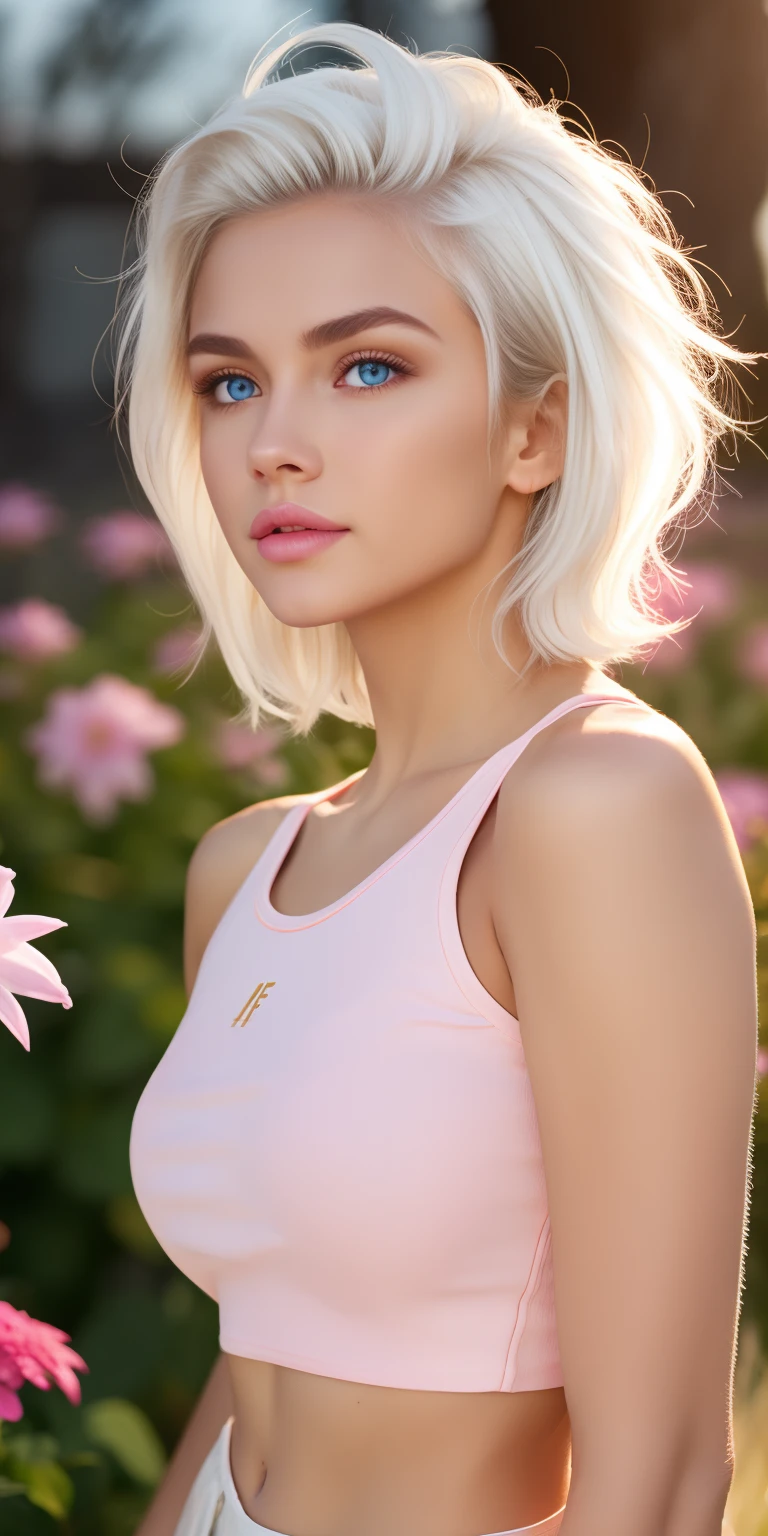 realistic, 1girl, white hair, purple eyes, glowing eyes, crop top, skirt, parted lips, blush, night, flowers, sun, sunlight,