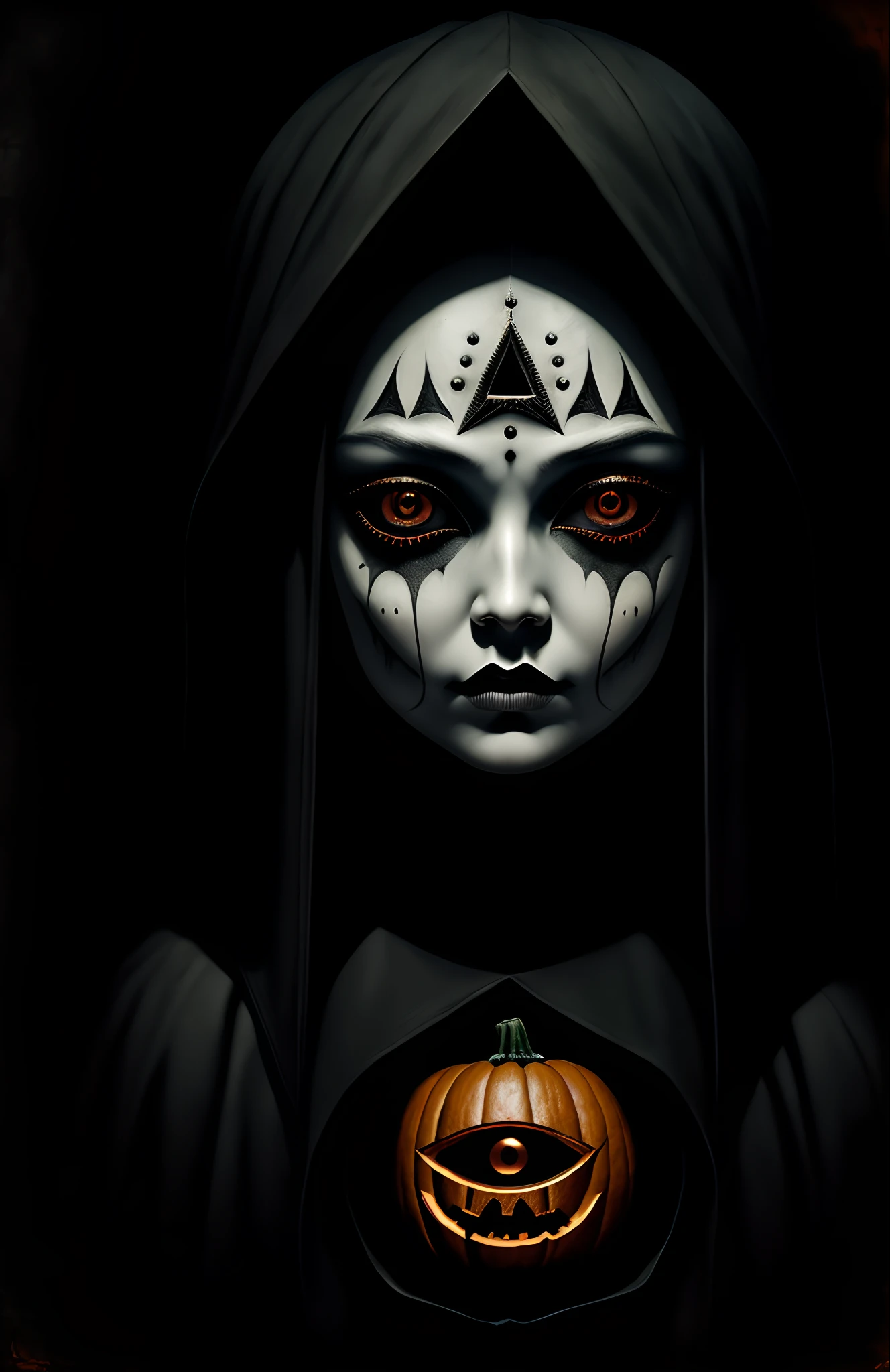 halloween，Pumpkin head，dreamlikeart the all seeing eye by H.R. Giger, Junji Ito, Greg Rutkowski, WLOP
detailed paint of wednesday addams, highly detailed paiting by Ray Donley, 8k, royal paiting, dynamic lighting, colorfull lighting,, 8k, 4k, (highres:1.1), best quality;