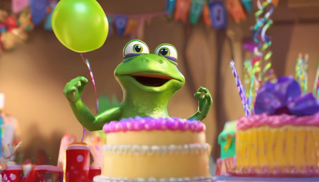 A Disney Pixar-style 3D cartoon character of a merry dancing frog, usando um paleto roxo, gravata e tenis, At a birthday party in the woods, com vagalumes, baloes de aniversario ao fundo e uma mesa com bolo, pipoca e refrigerante