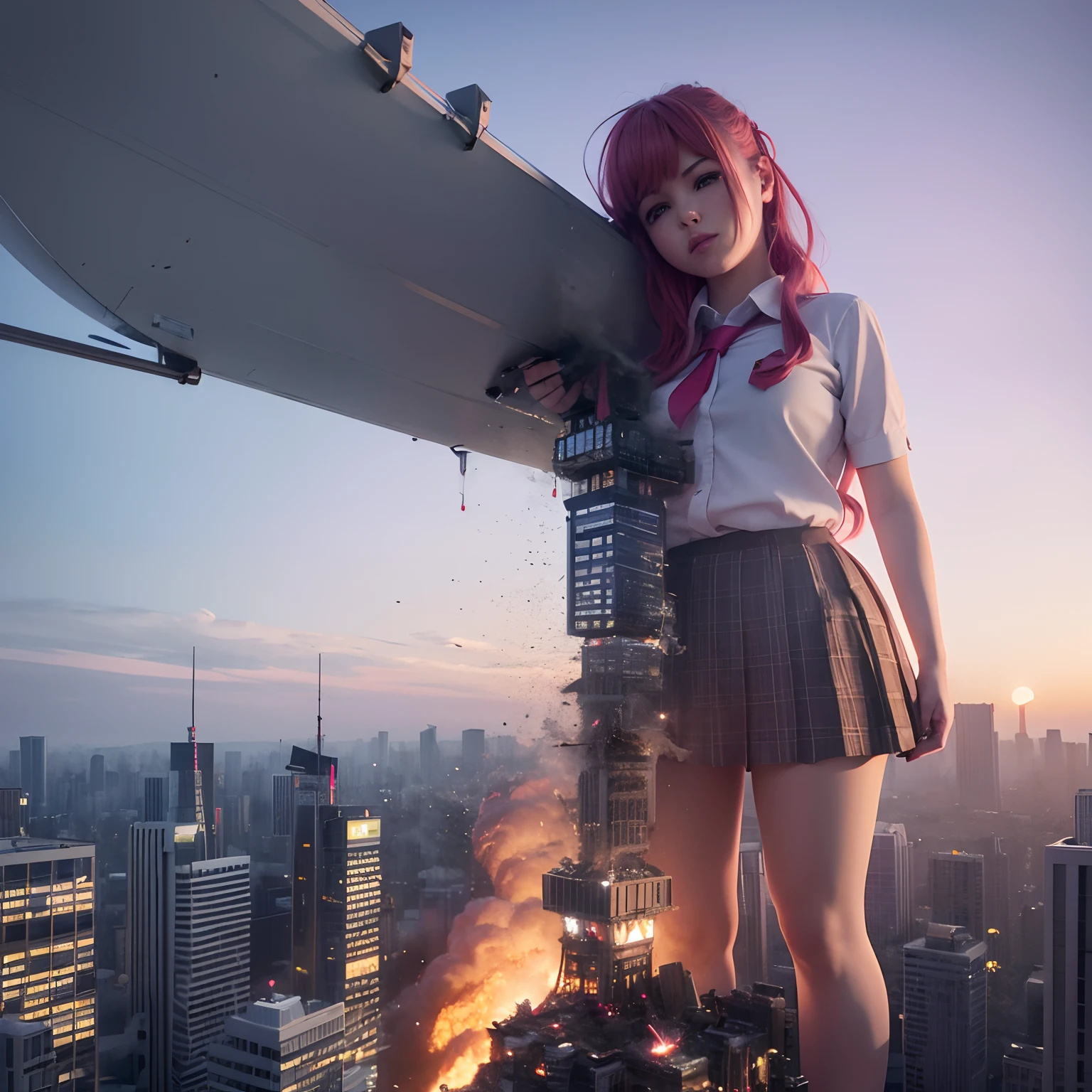 A giantess schoolgirl destroying a tiny skyscrapers city, pink hair, school uniform, standing girl, hyperrealistic 3d digital art, hyperrealistic 3 d digital art, 3 d epic illustrations, 3 d hyper realistic render, mind-bending digital art, destroyed city, photomanipulation, creative photo manipulation