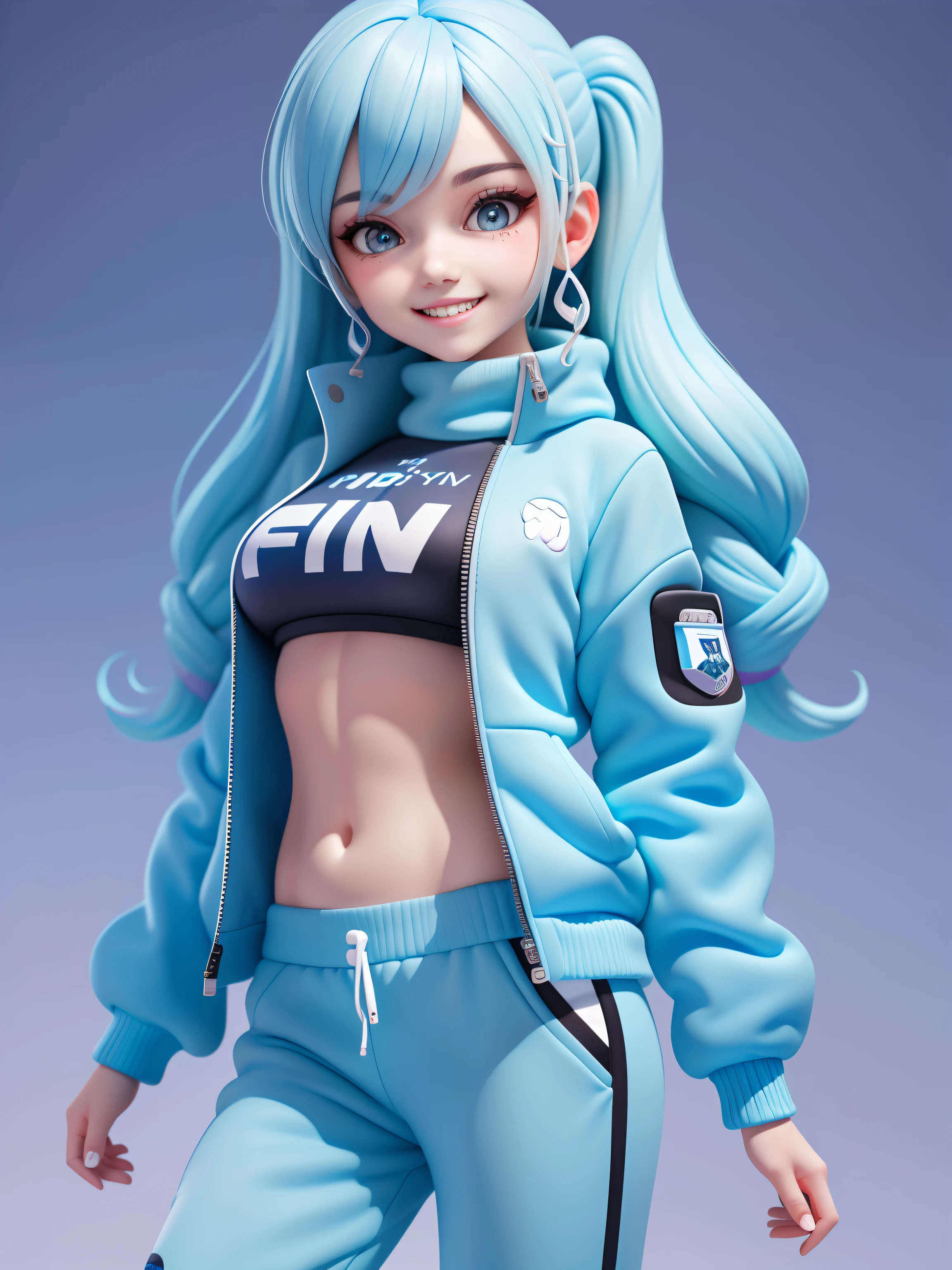 (tmasterpiece), (best qualityer), (ultra - detailed), (full bodyesbian: 1.2) Cute cute girl, Manchester City's sweatshirt, Sky blue knitted jumpsuit, Pants, jaket, blouse, Hefty Smile, full bodyesbian, :3, Pastel tonal background , Extremely colorful,، simple.